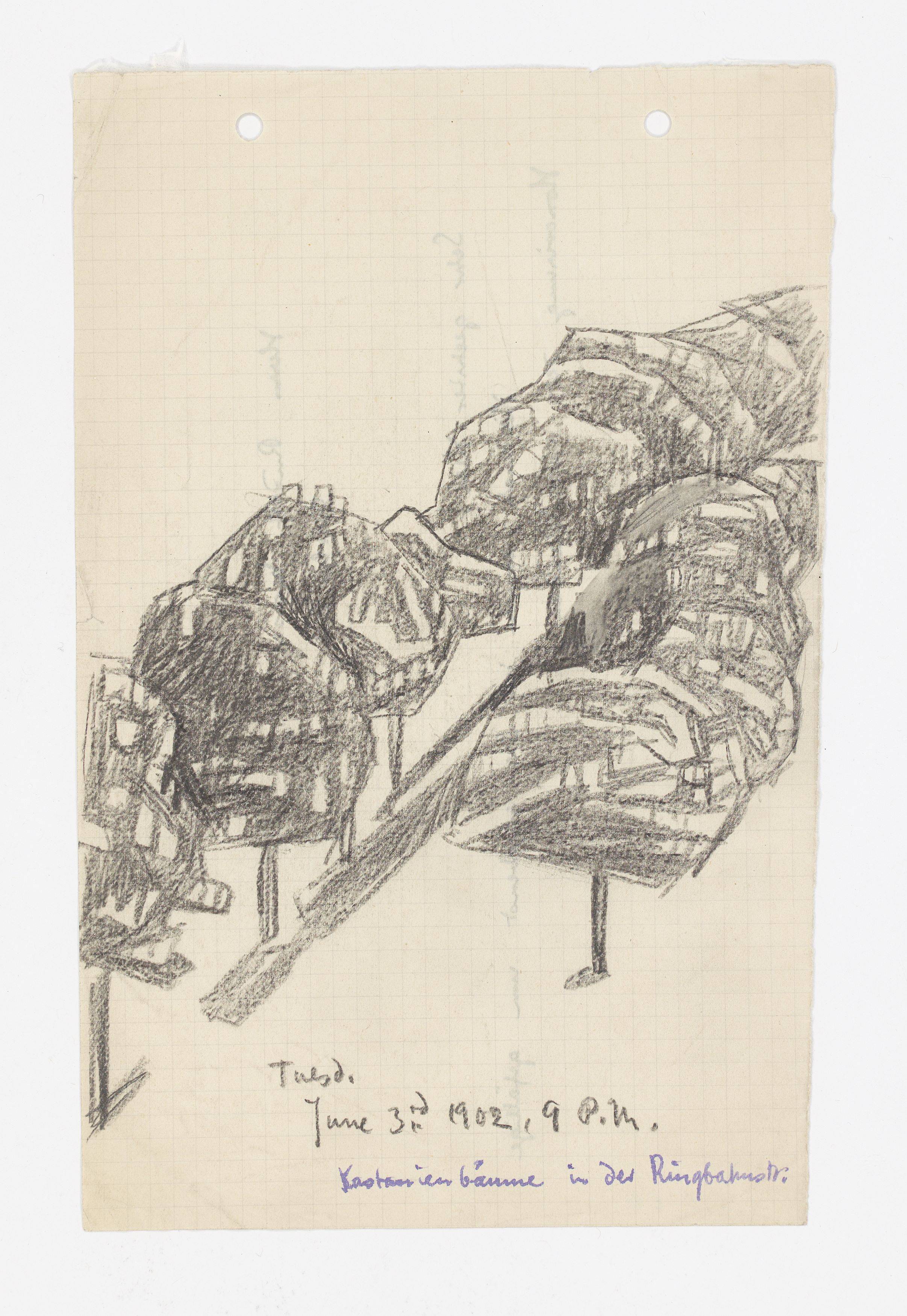 Auf diesem Bild ist das folgende Kunstwerk zu sehen: Lyonel Feininger. „Kastanienbäume in der Ringbahnstraße“. 1902.