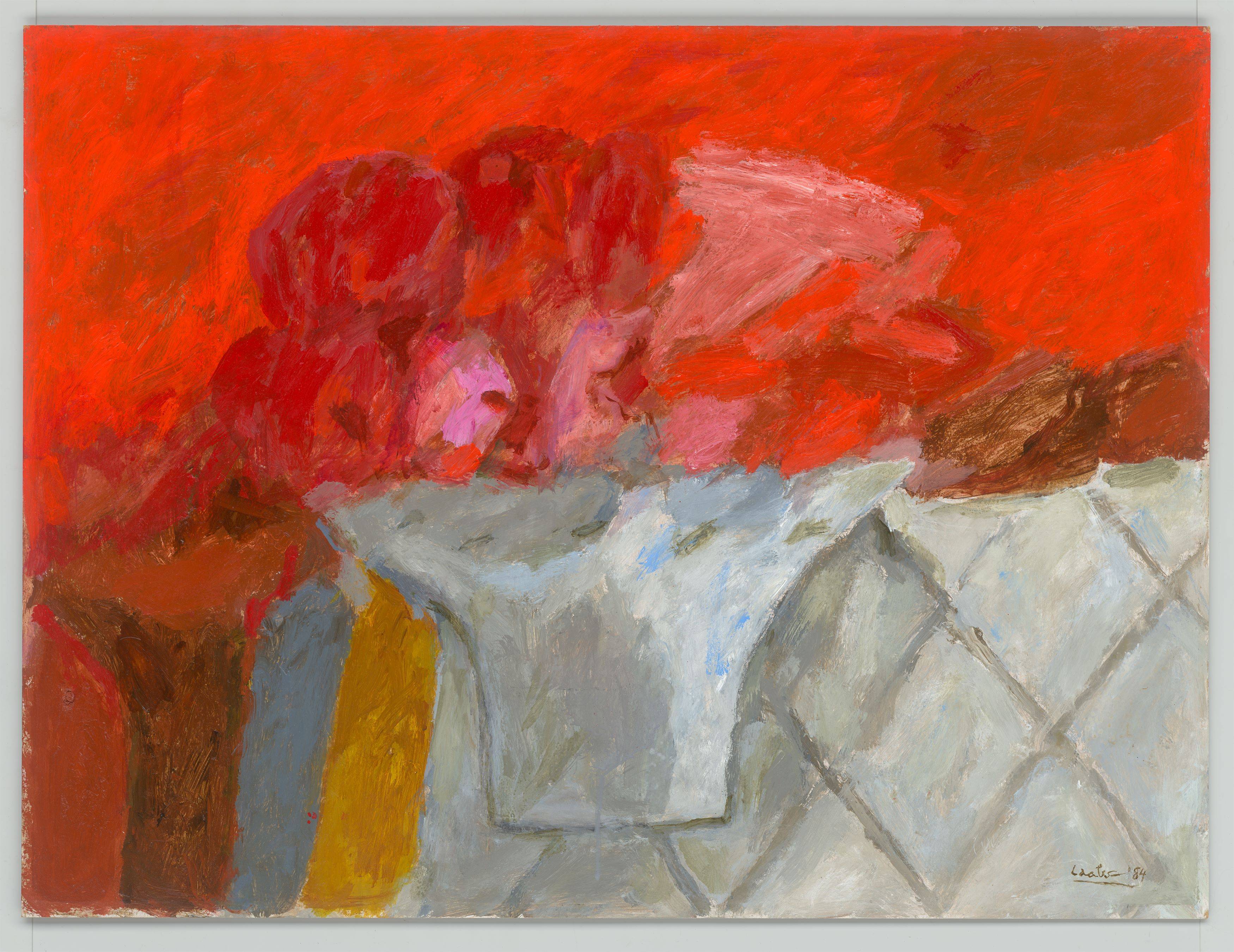 Auf diesem Bild ist das folgende Kunstwerk zu sehen: Hans Laabs. „Rotes Stilleben“. 1984.