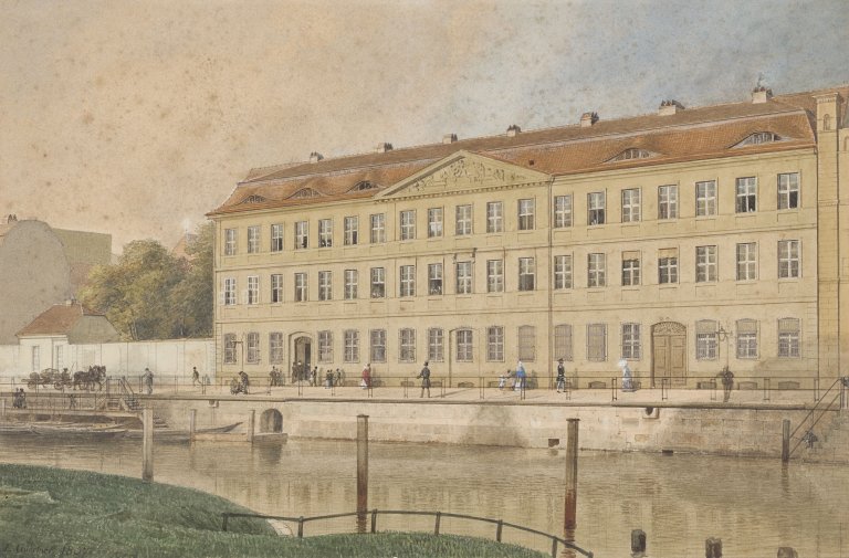 Auf diesem Bild ist das folgende Kunstwerk zu sehen: Eduard Gaertner. „Das Joachimsthalsche Gymnasium an der Burgstraße“. 1857.