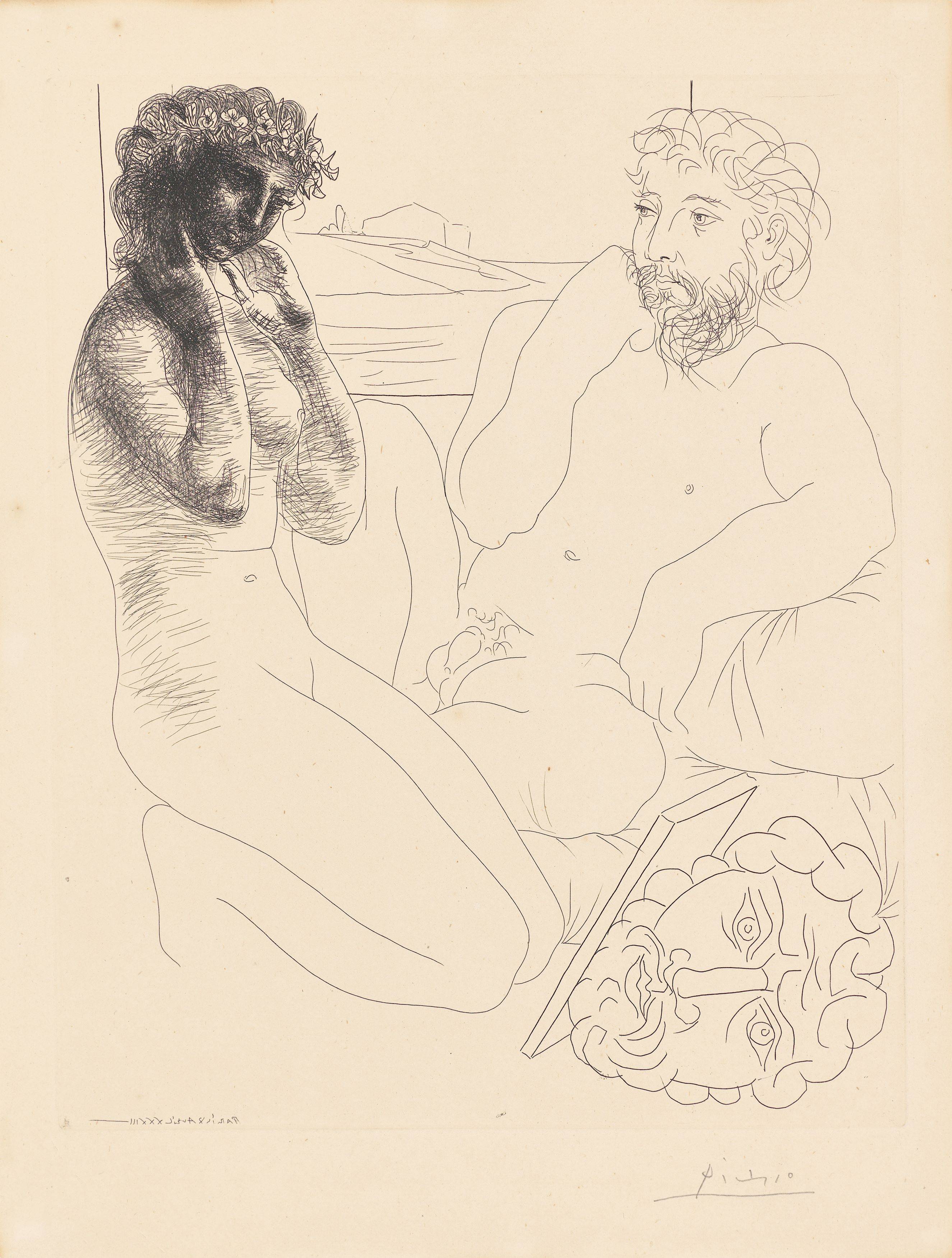 Auf diesem Bild ist das folgende Kunstwerk zu sehen: Pablo Picasso. „Sculpteur et modèle se regardant dans un miroir calé sur un autoportrait sculpté“. 1933/39.