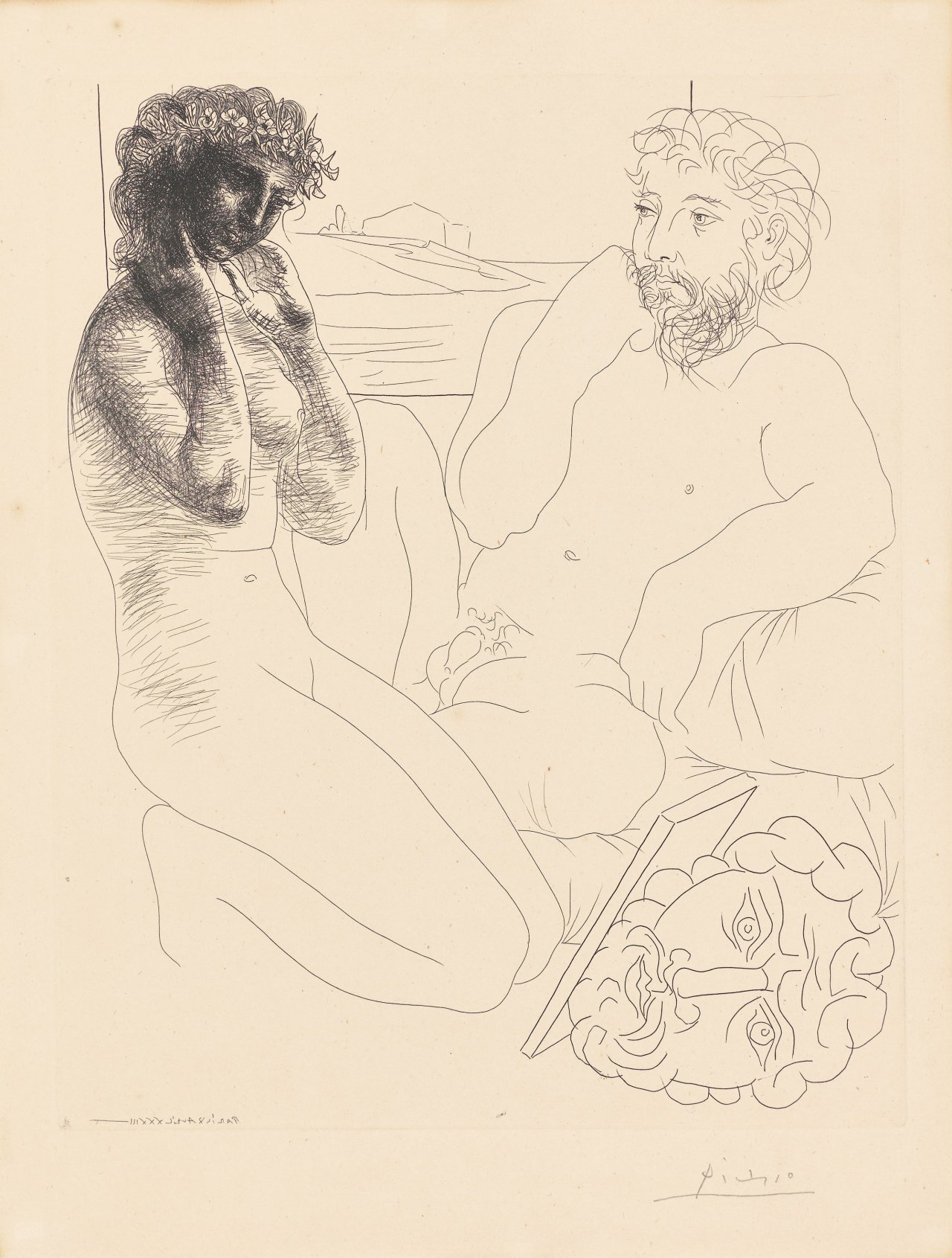 Auf diesem Bild ist das folgende Kunstwerk zu sehen: Pablo Picasso. „Sculpteur et modèle se regardant dans un miroir calé sur un autoportrait sculpté“. 1933/39.