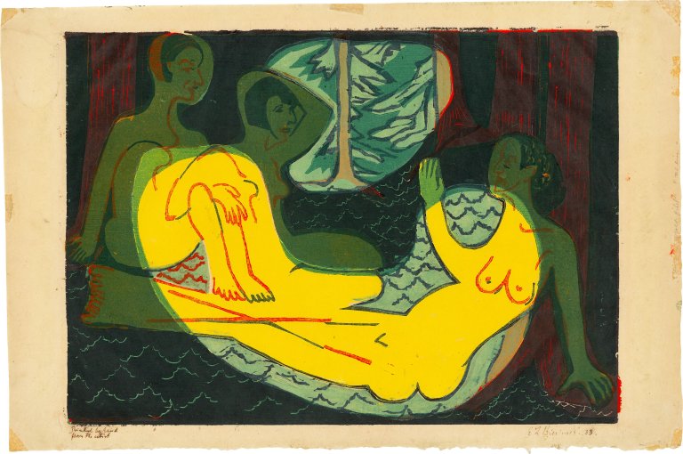 Auf diesem Bild ist das folgende Kunstwerk zu sehen: Ernst Ludwig Kirchner. „Drei Akte im Walde“. 1933.