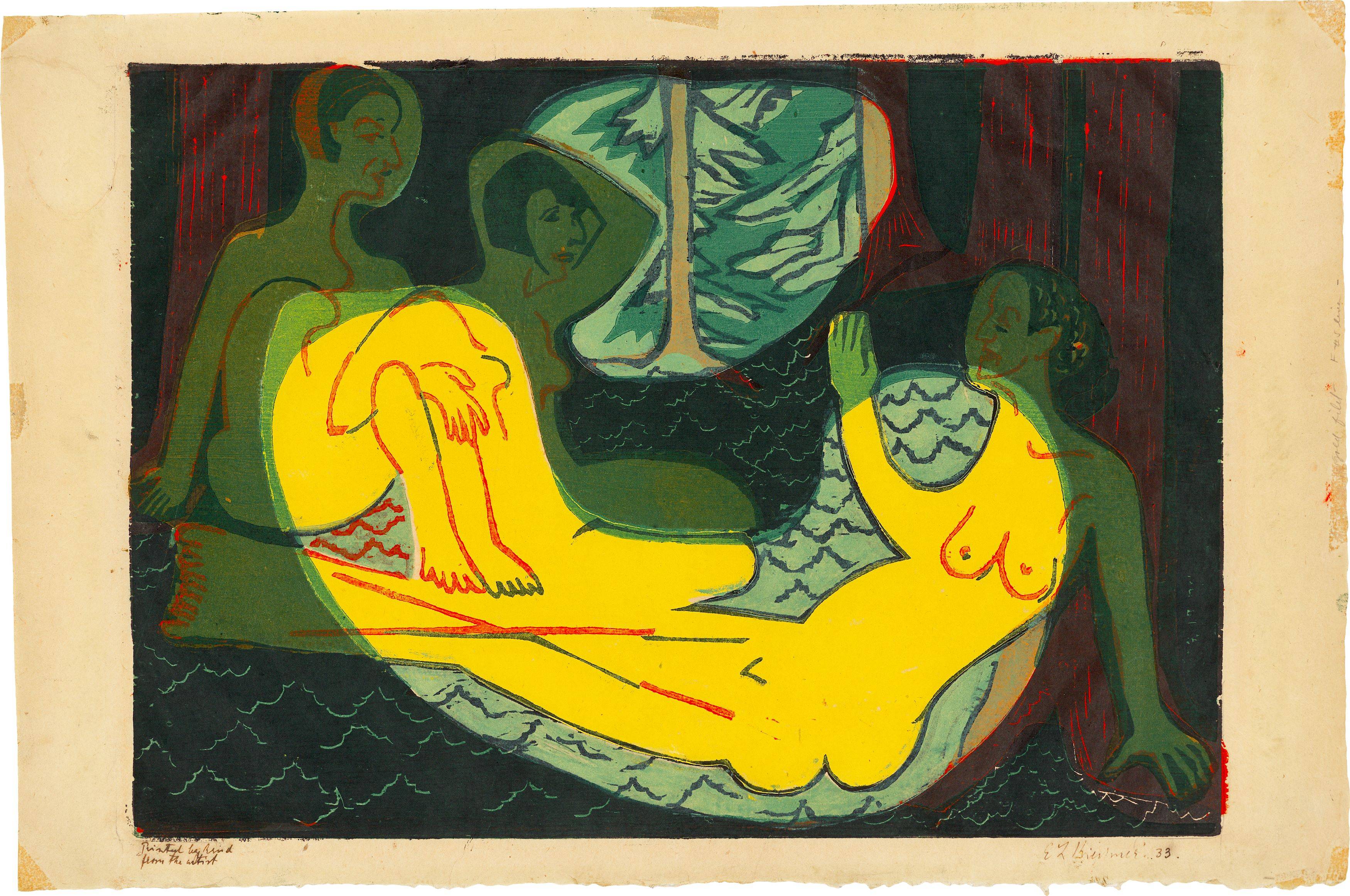 Auf diesem Bild ist das folgende Kunstwerk zu sehen: Ernst Ludwig Kirchner. „Drei Akte im Walde“. 1933.