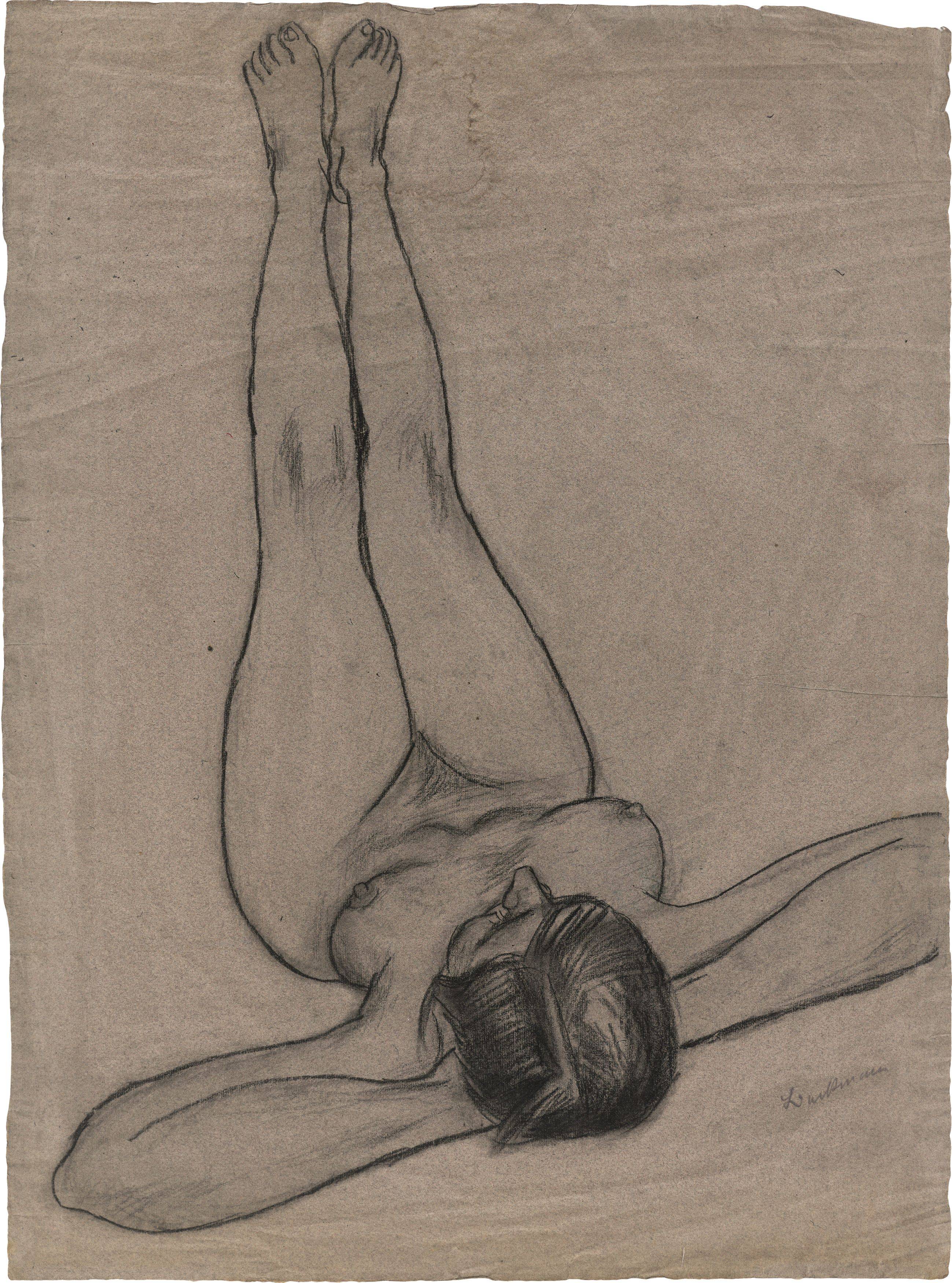 This picture shows the following artwork: Max Beckmann. ”Auf dem Rücken liegender weiblicher Akt mit nach oben gestreckten Beinen (Betty?)”. Presumably circa 1927.