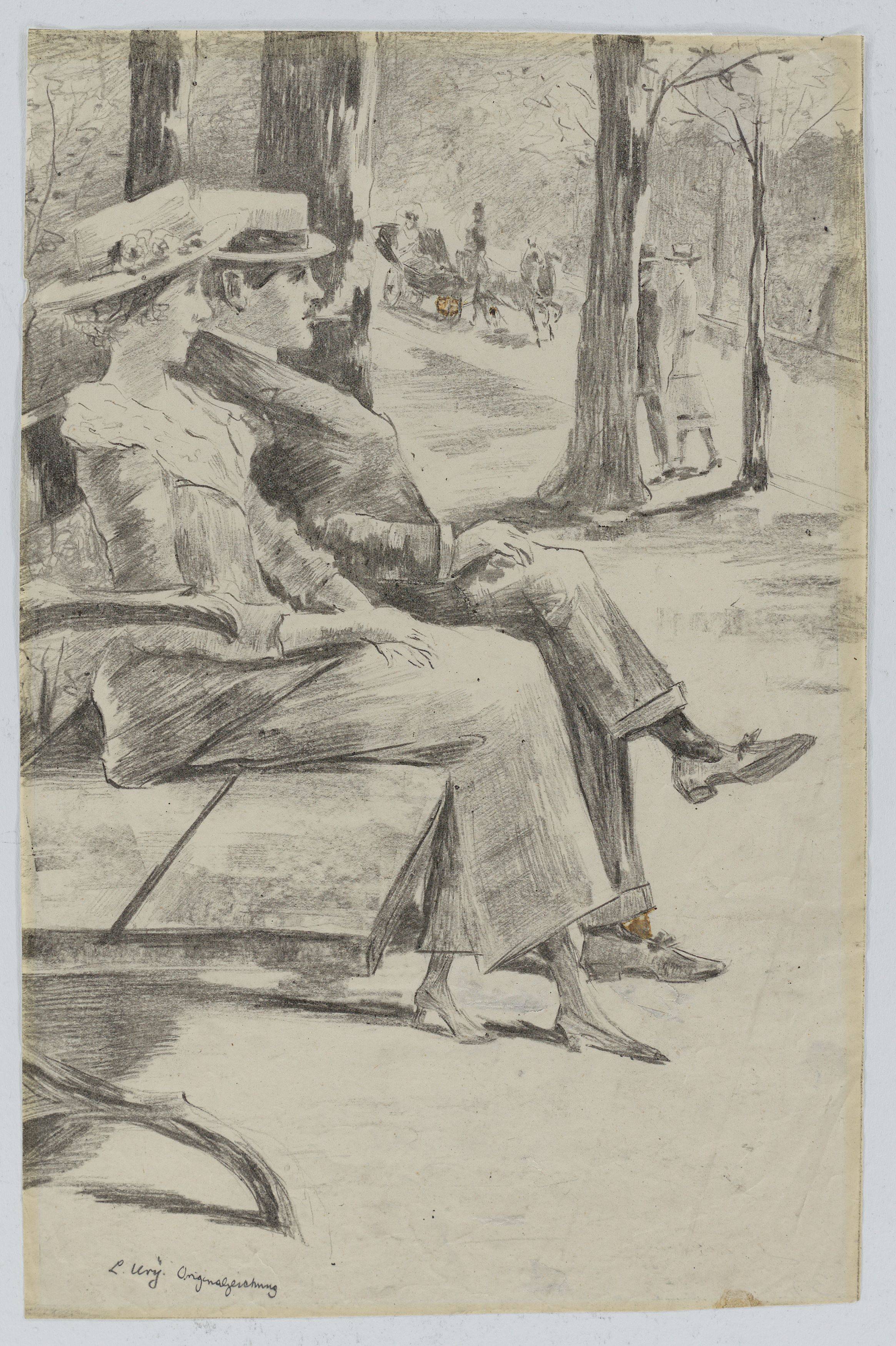 This picture shows the following artwork: Lesser Ury. ”Dame und rauchender Herr auf einer Bank im Tiergarten”. Circa 1920.