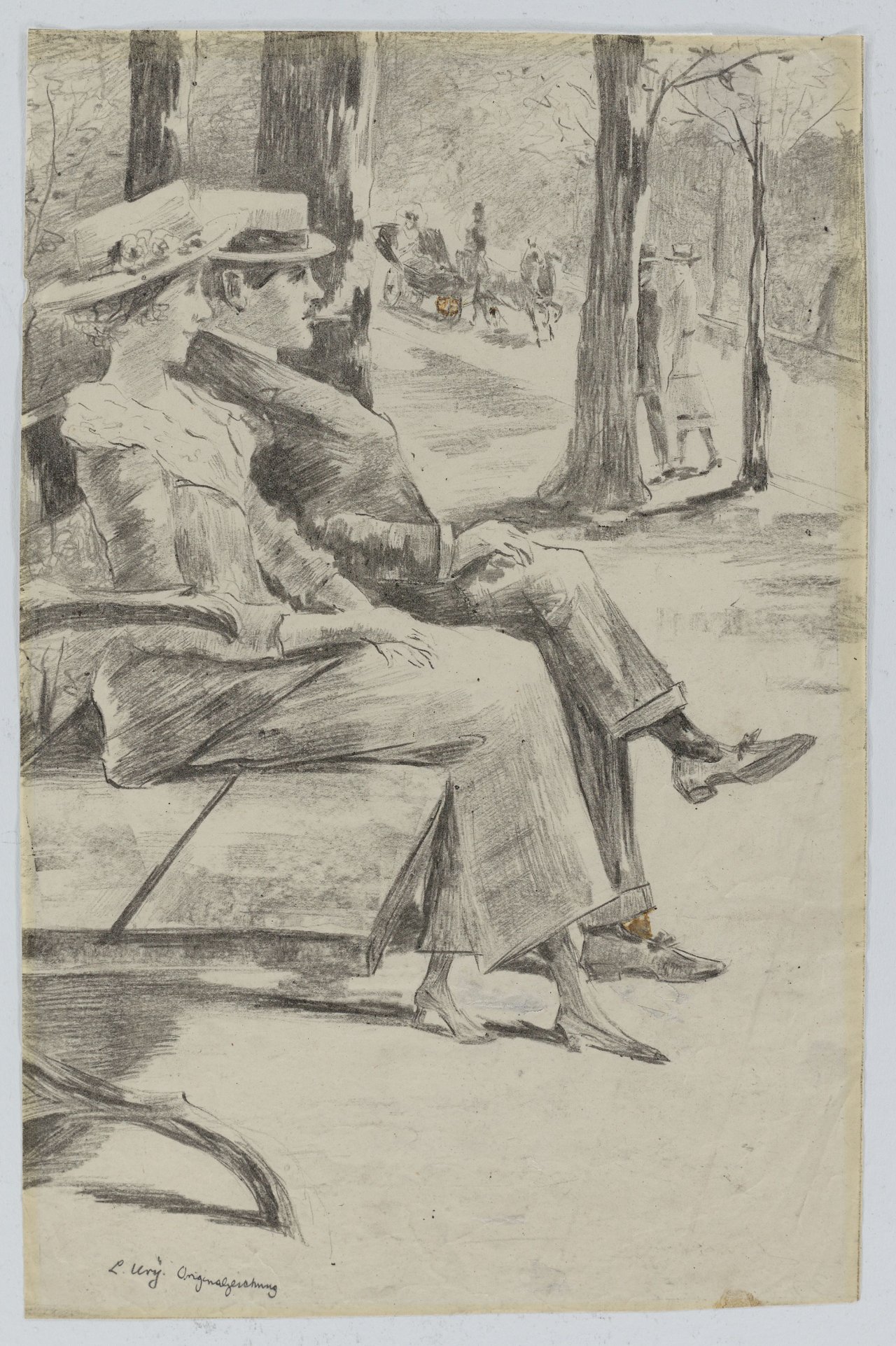 This picture shows the following artwork: Lesser Ury. ”Dame und rauchender Herr auf einer Bank im Tiergarten”. Circa 1920.