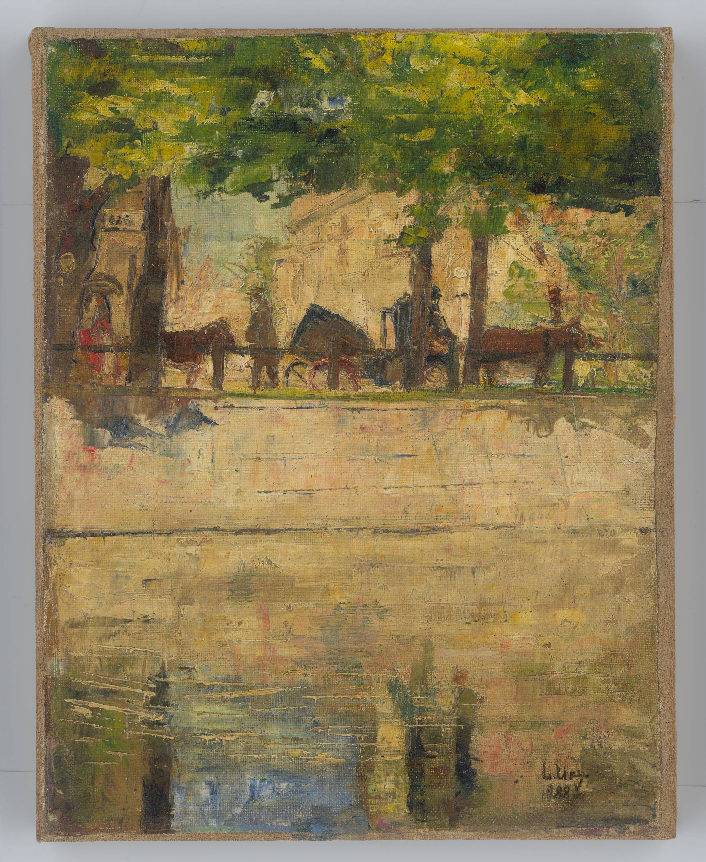 This picture shows the following artwork: Lesser Ury. ”Pferdefuhrwerke am Landwehrkanal, Berlin”. 1888.