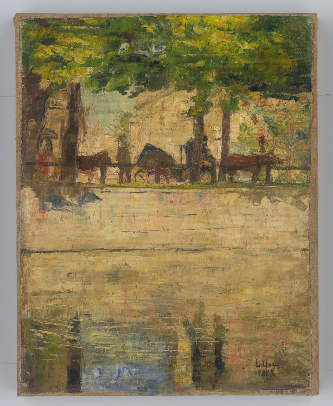 This picture shows the following artwork: Lesser Ury. ”Pferdefuhrwerke am Landwehrkanal, Berlin”. 1888.