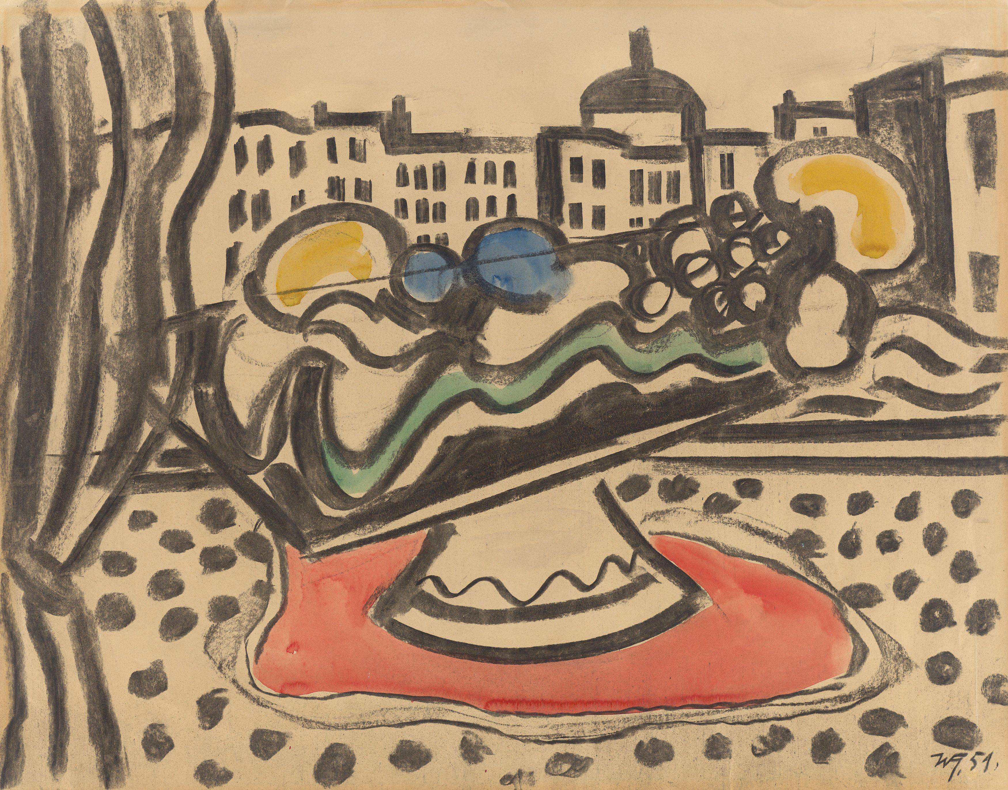 Auf diesem Bild ist das folgende Kunstwerk zu sehen: Werner Heldt. „Blick aus dem Fenster mit Fruchtkorb“. 1951.