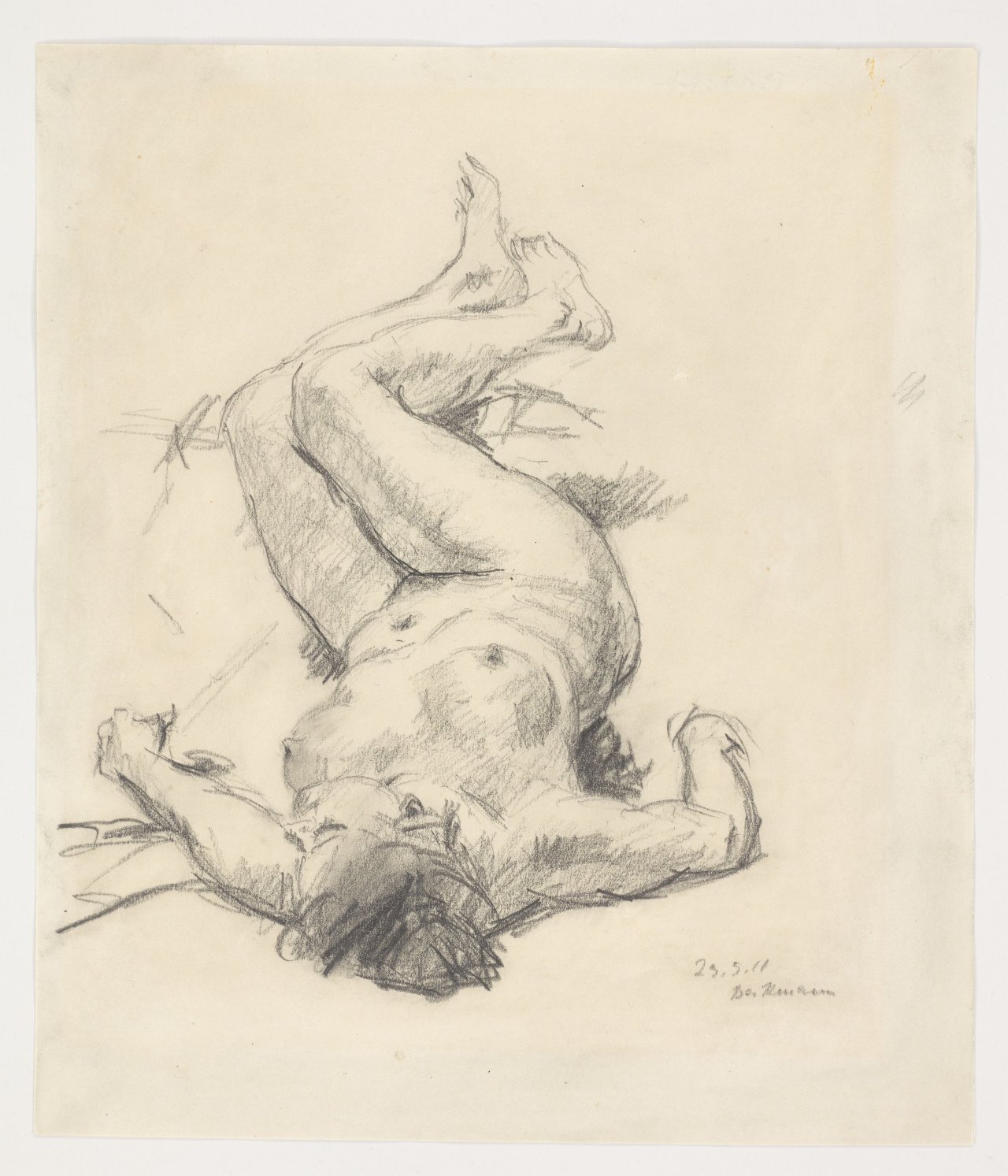 This picture shows the following artwork: Max Beckmann. ”Studie zur Amazonenschlacht – auf dem Rücken liegender weiblicher Akt, nach links”. 1911.