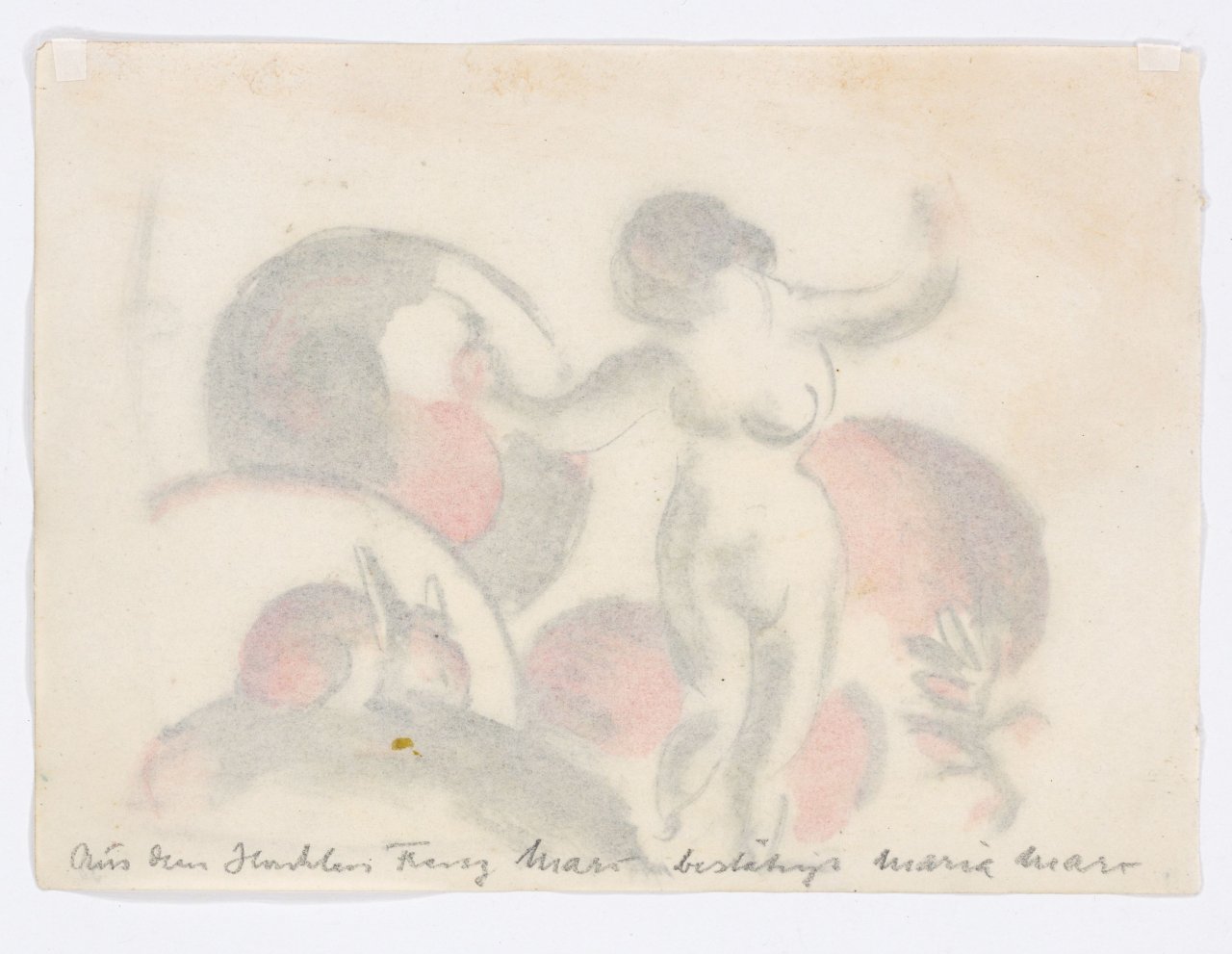 Auf diesem Bild ist das folgende Kunstwerk zu sehen: Franz Marc. „Stehender weiblicher Akt mit Kaninchen“. 1912.