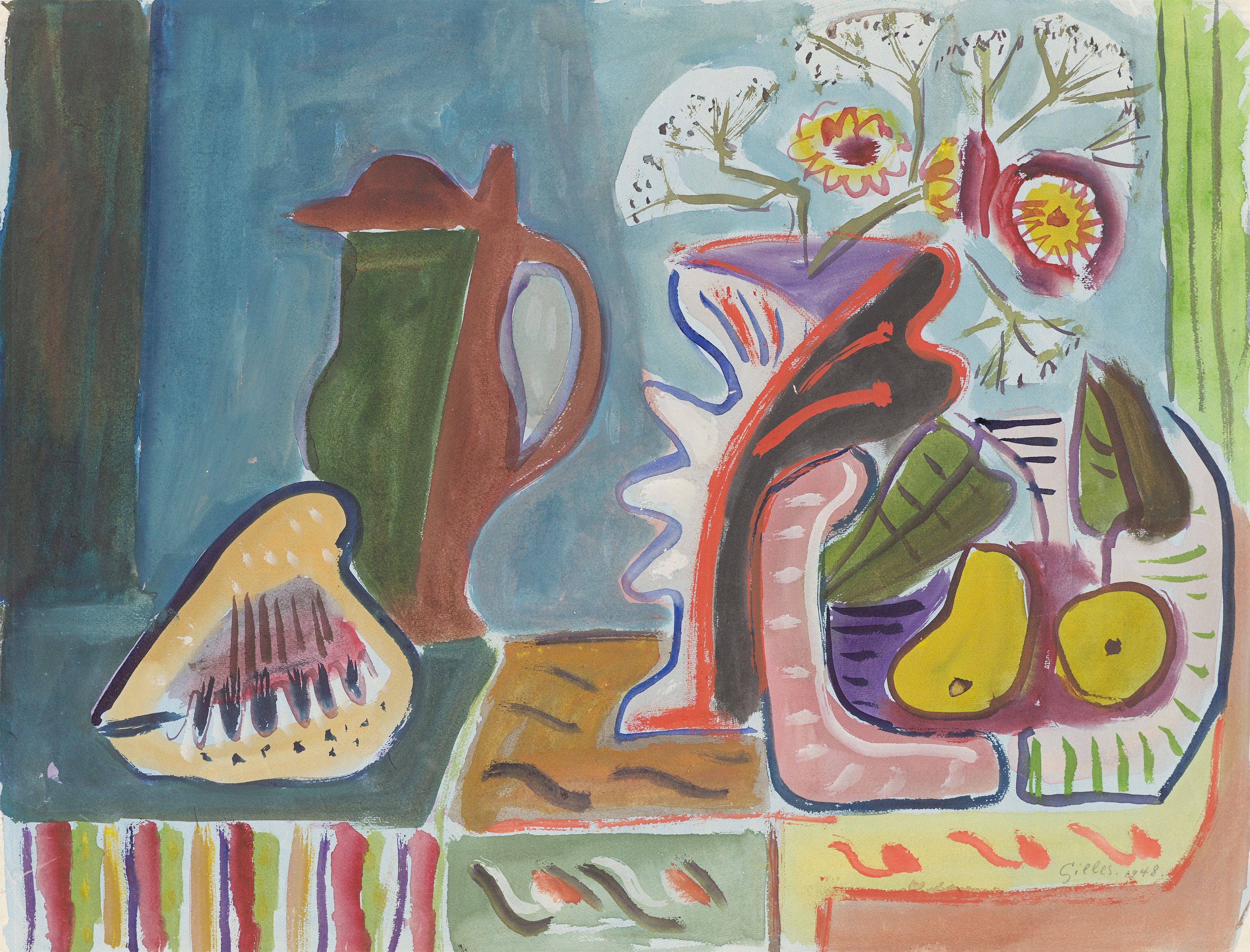 This picture shows the following artwork: Werner Gilles. Still life with flowers, jug and shell. 1948.