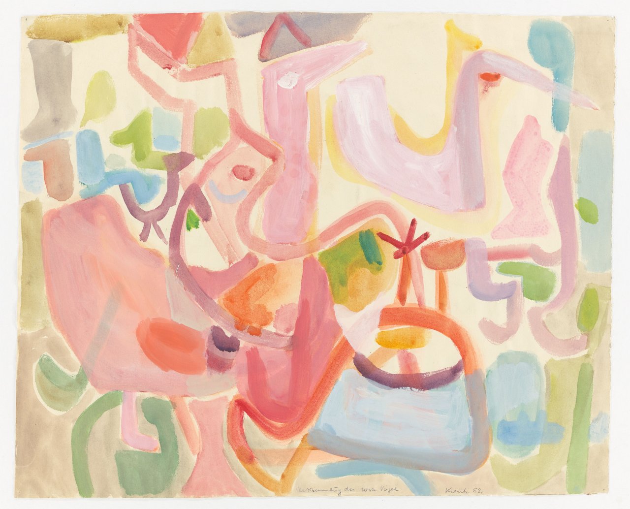 This picture shows the following artwork: Heinz Kreutz. ”Versammlung der rosa Vögel”. 1952.