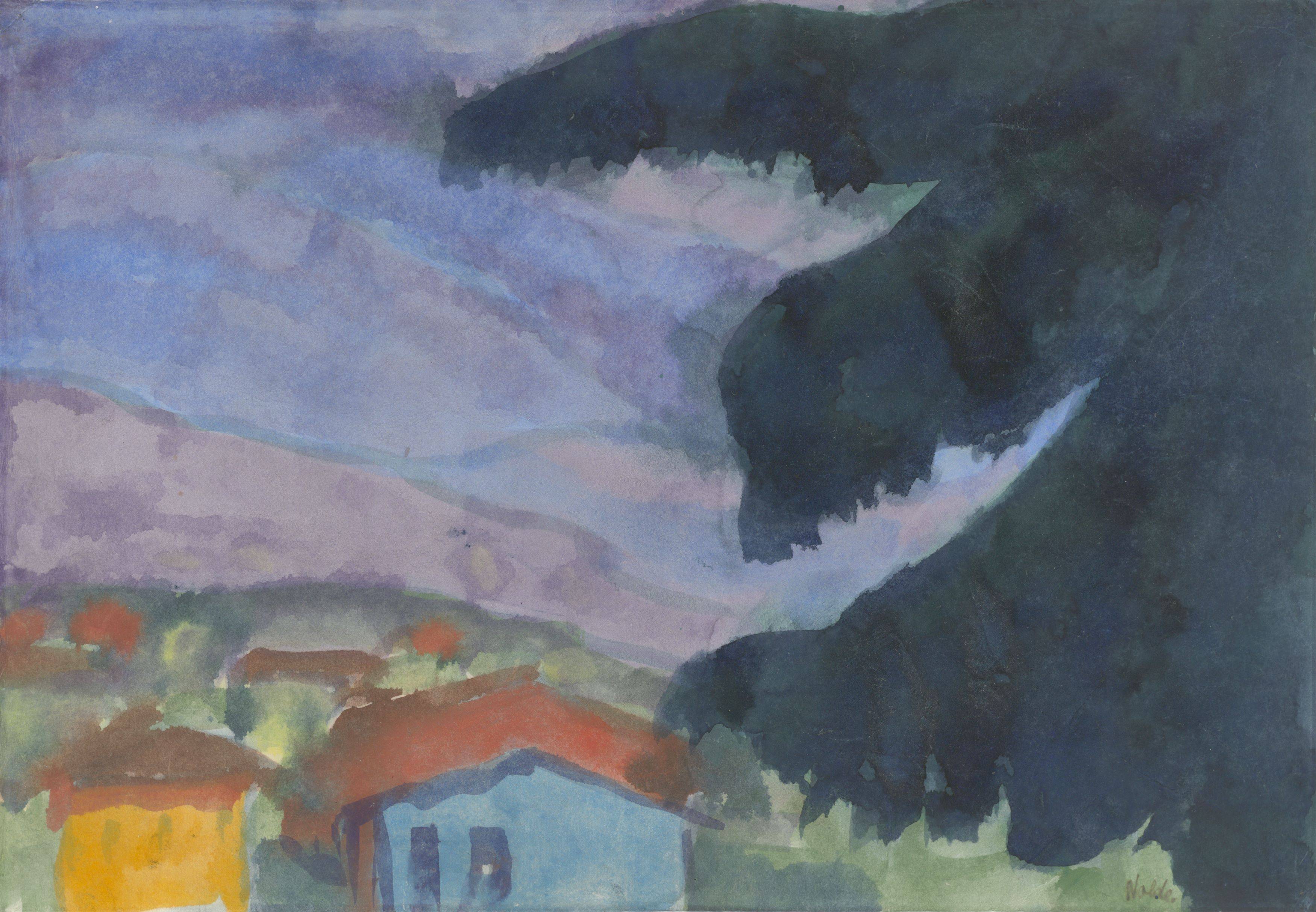 This picture shows the following artwork: Emil Nolde. ”Violette Berglandschaft (dunkle Tanne und Häuser)”. 1920s.