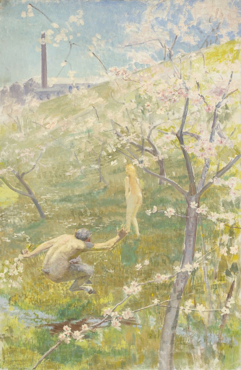 This picture shows the following artwork: Max Pietschmann. Nymph and Faun beneath the Cherry Trees. Circa 1900.