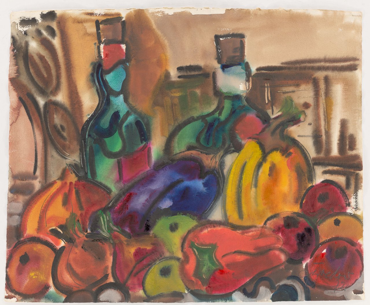 This picture shows the following artwork: Rudolf Bredow. ”Stillleben mit Kürbissen und Weinflaschen II”. 1972.