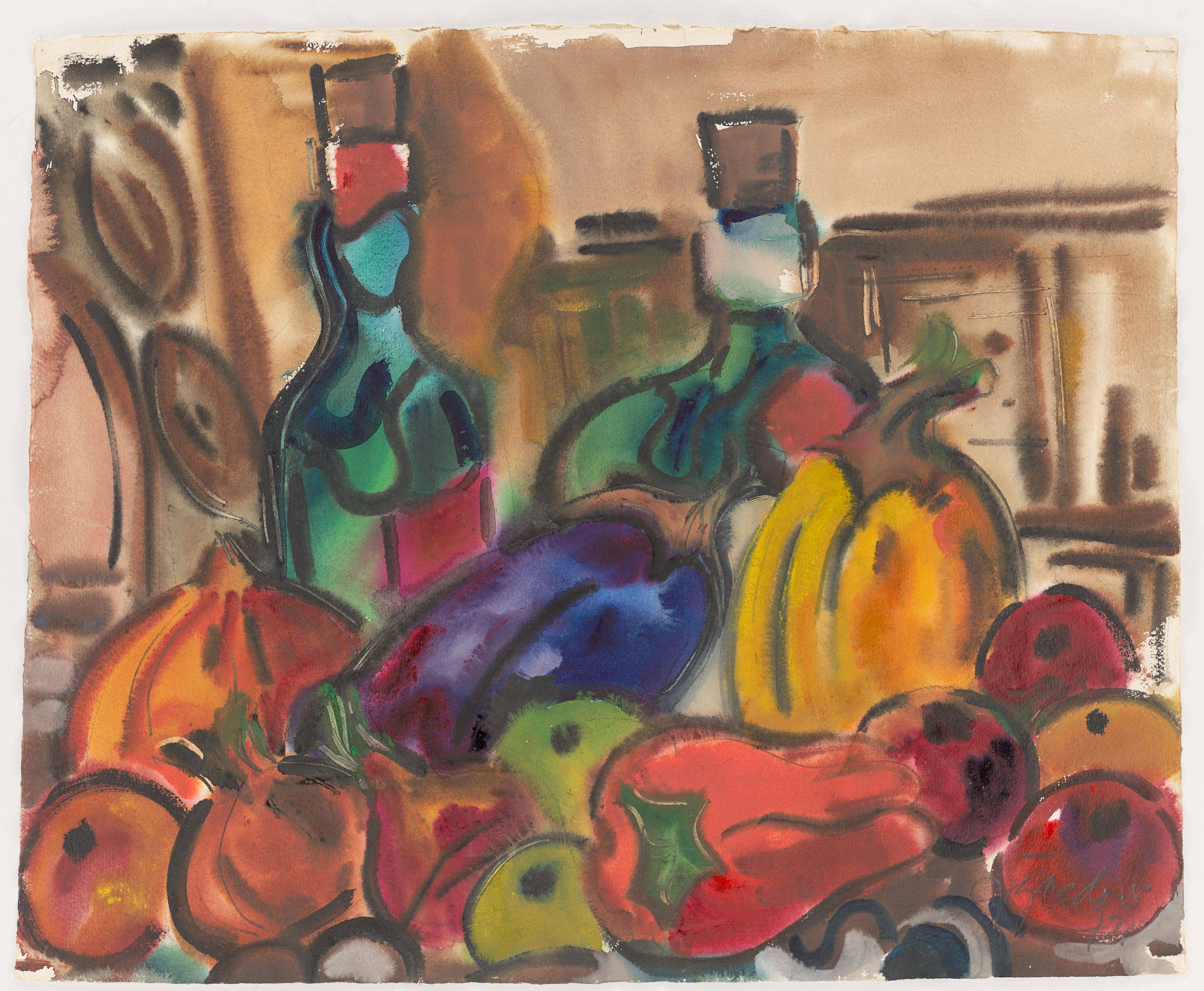 This picture shows the following artwork: Rudolf Bredow. ”Stillleben mit Kürbissen und Weinflaschen II”. 1972.