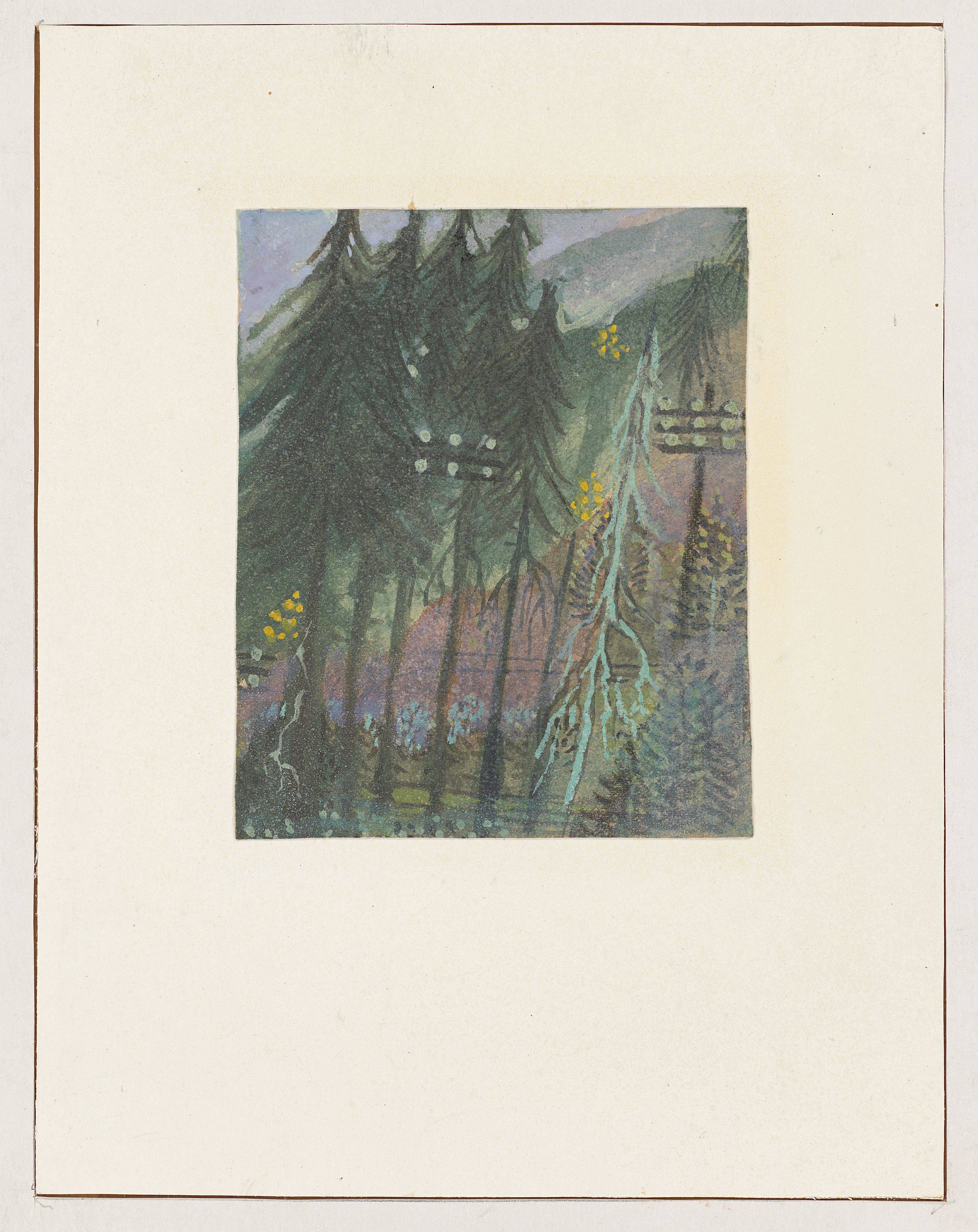 Auf diesem Bild ist das folgende Kunstwerk zu sehen: Gottfried Brockmann. „Telegrafenmasten im Wald“, aus der Serie „Eifelwanderung“. 1927.