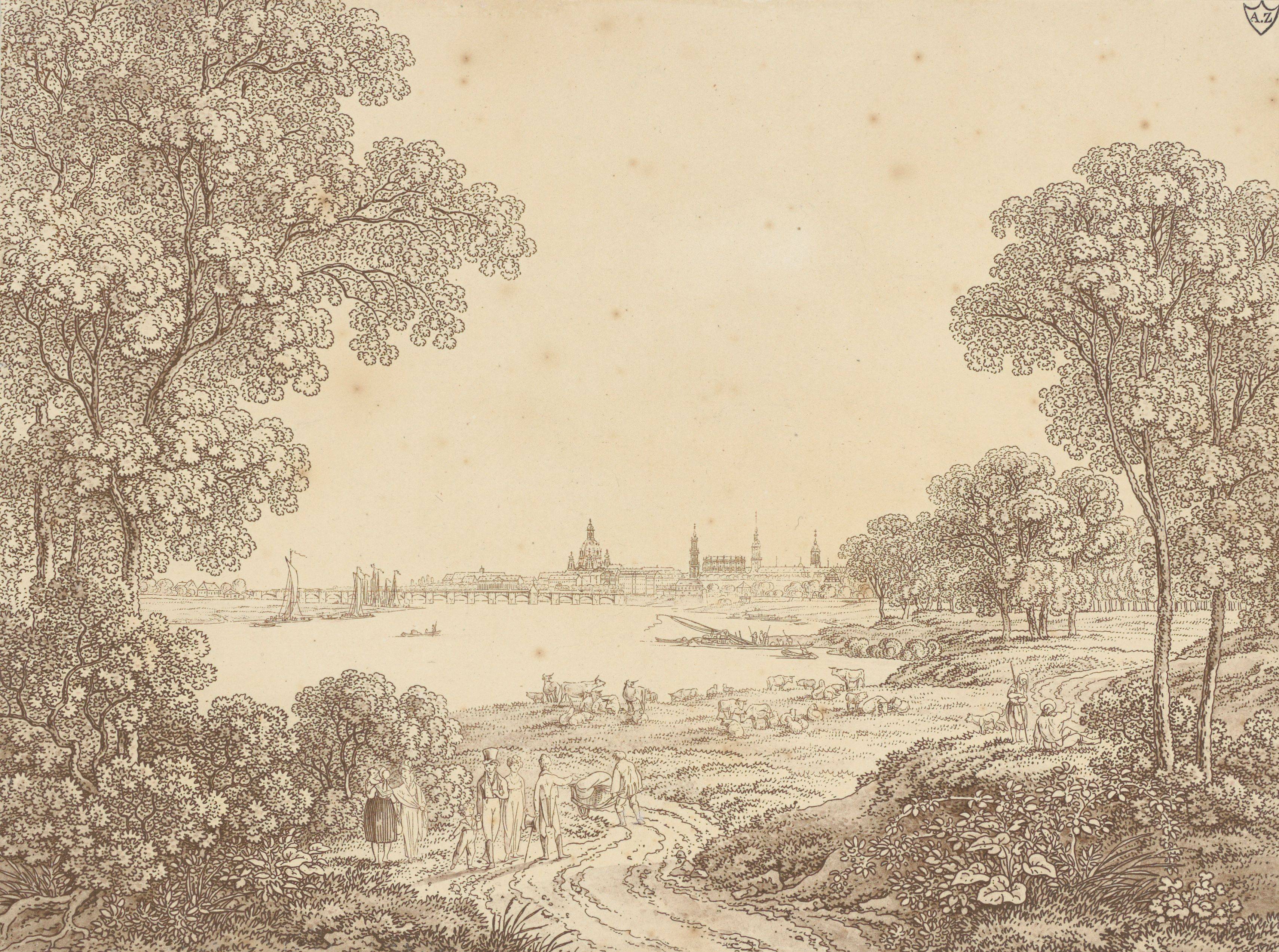 This picture shows the following artwork: Adrian Zingg. View of Dresden with people walking / Landscape with river course and country folk.