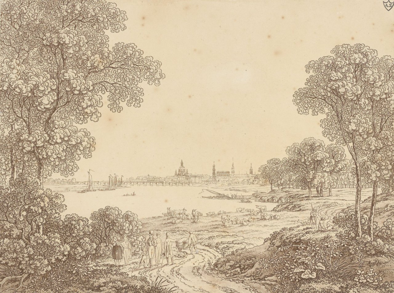 This picture shows the following artwork: Adrian Zingg. View of Dresden with people walking / Landscape with river course and country folk.