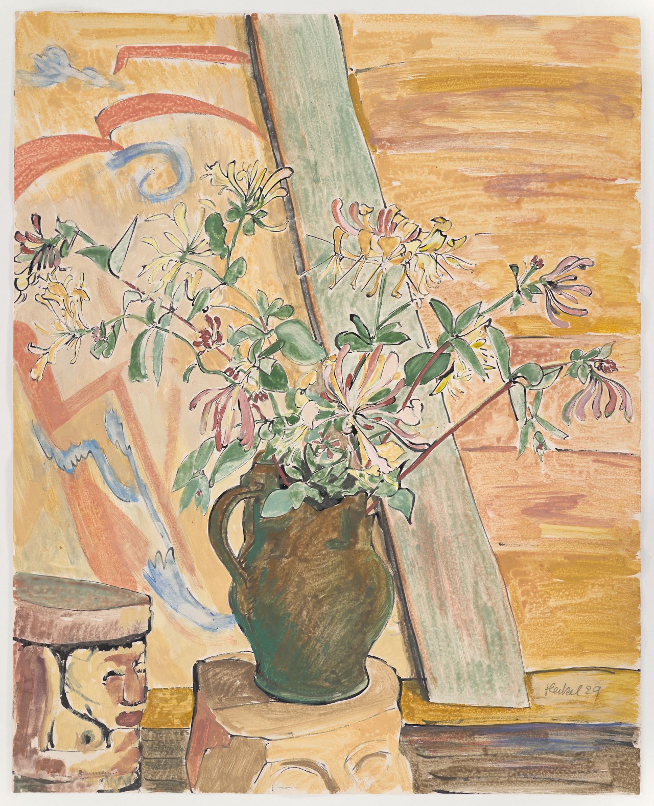 This picture shows the following artwork: Erich Heckel. ”Geissblatt mit geschnitzem Hocker”. 1929.