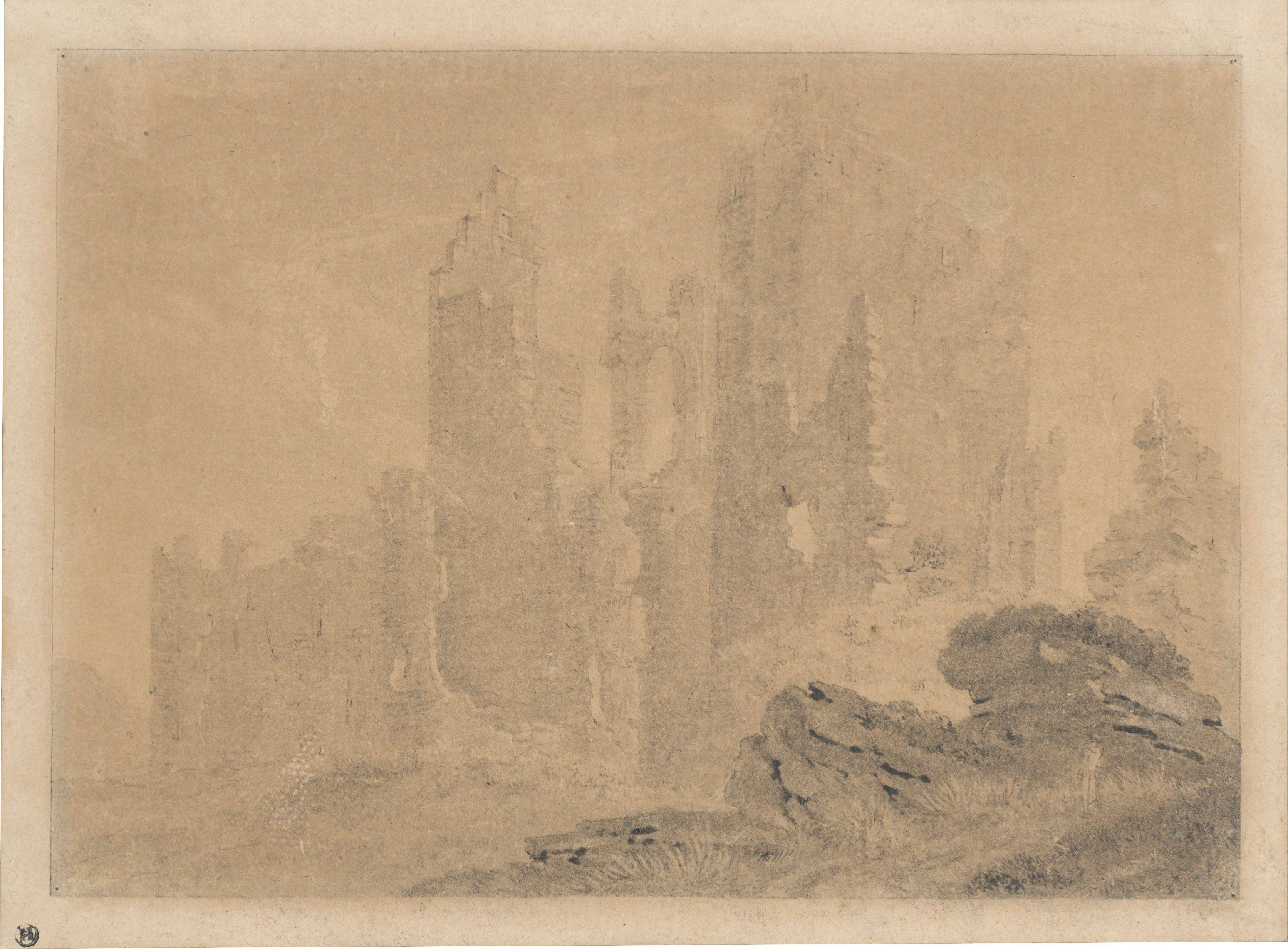 This picture shows the following artwork:  German, circa 1800. Ruin in the mist. Circa 1800.