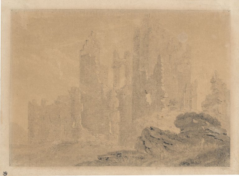 This picture shows the following artwork: German, circa 1800. Ruin in the mist. Circa 1800.
