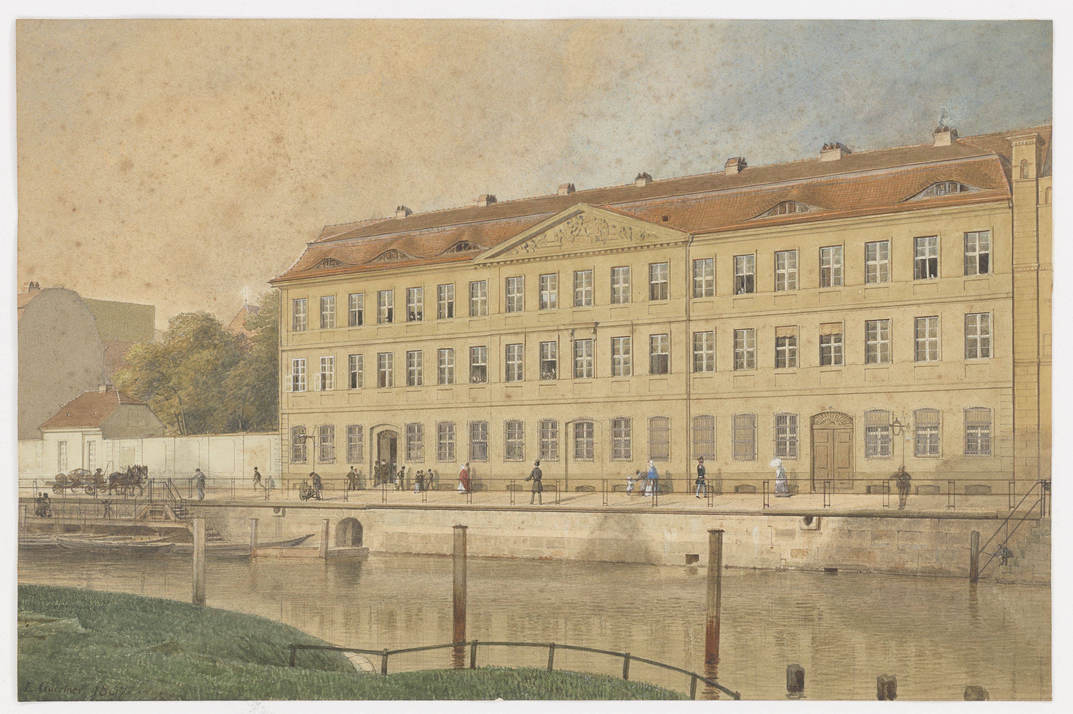 Auf diesem Bild ist das folgende Kunstwerk zu sehen: Eduard Gaertner. „Das Joachimsthalsche Gymnasium an der Burgstraße“. 1857.