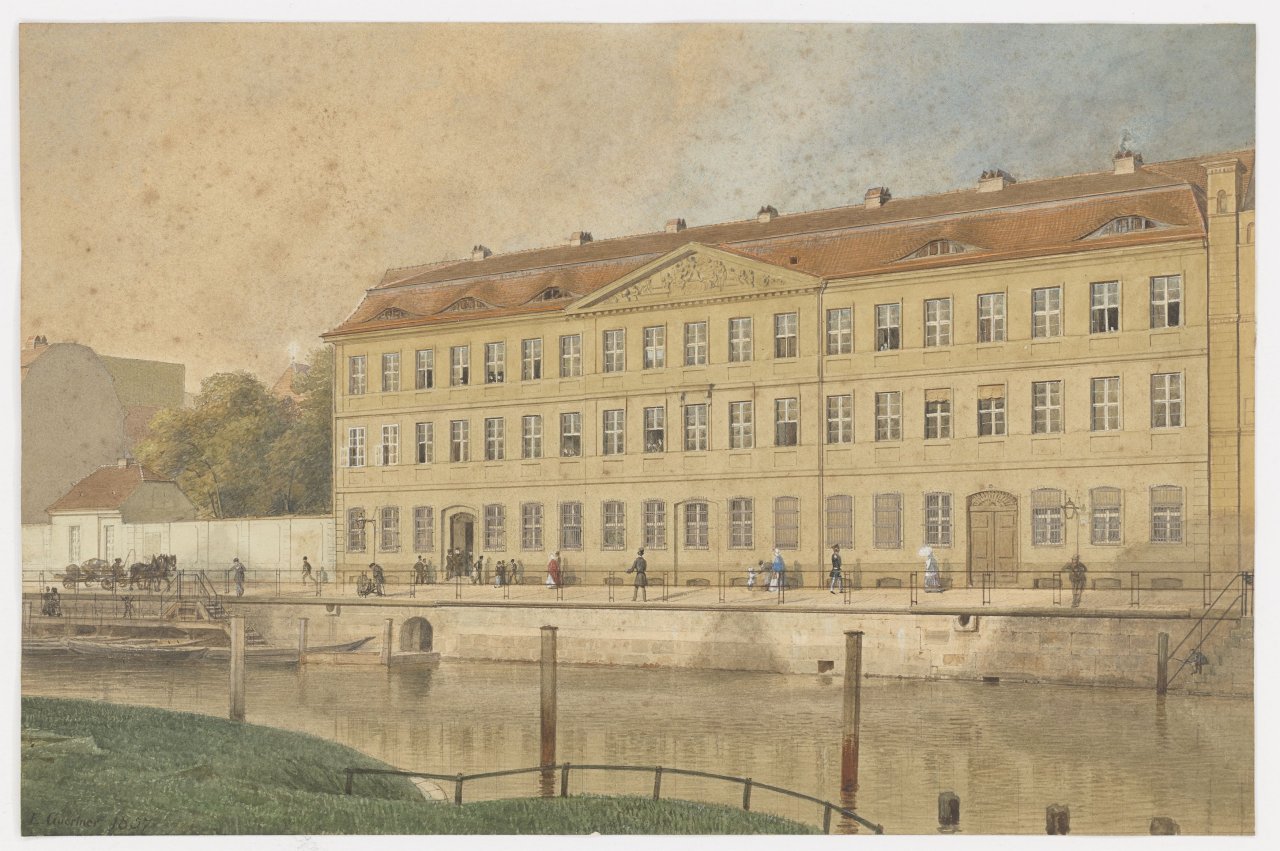 Auf diesem Bild ist das folgende Kunstwerk zu sehen: Eduard Gaertner. „Das Joachimsthalsche Gymnasium an der Burgstraße“. 1857.