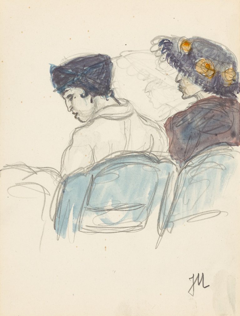 Auf diesem Bild ist das folgende Kunstwerk zu sehen: Jeanne Mammen. Ohne Titel (Zwei Frauen im Theater). Um 1910/14.