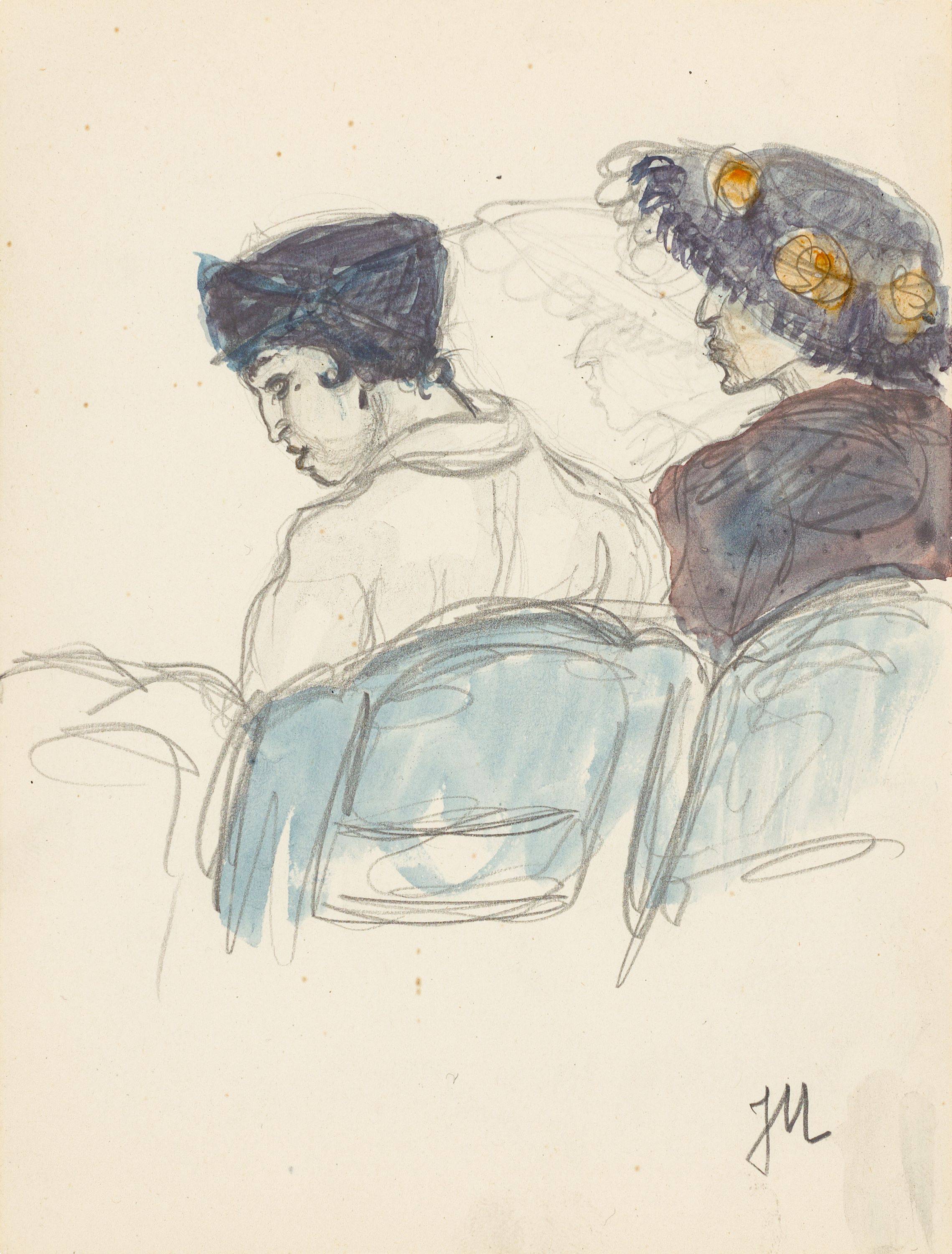 Auf diesem Bild ist das folgende Kunstwerk zu sehen: Jeanne Mammen. Ohne Titel (Zwei Frauen im Theater). Um 1910/14.