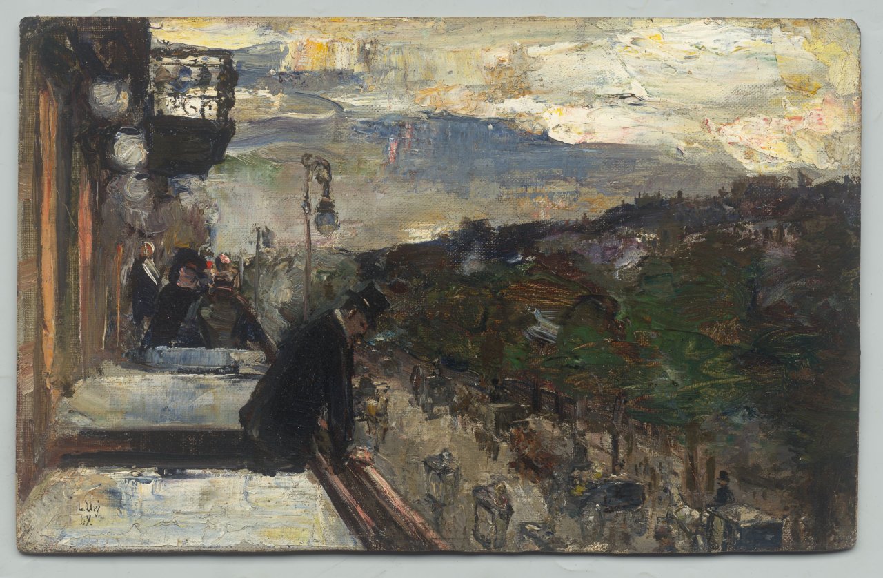 This picture shows the following artwork: Lesser Ury. ”Auf dem Balkon des Café Bauer, Berlin”. 1889.