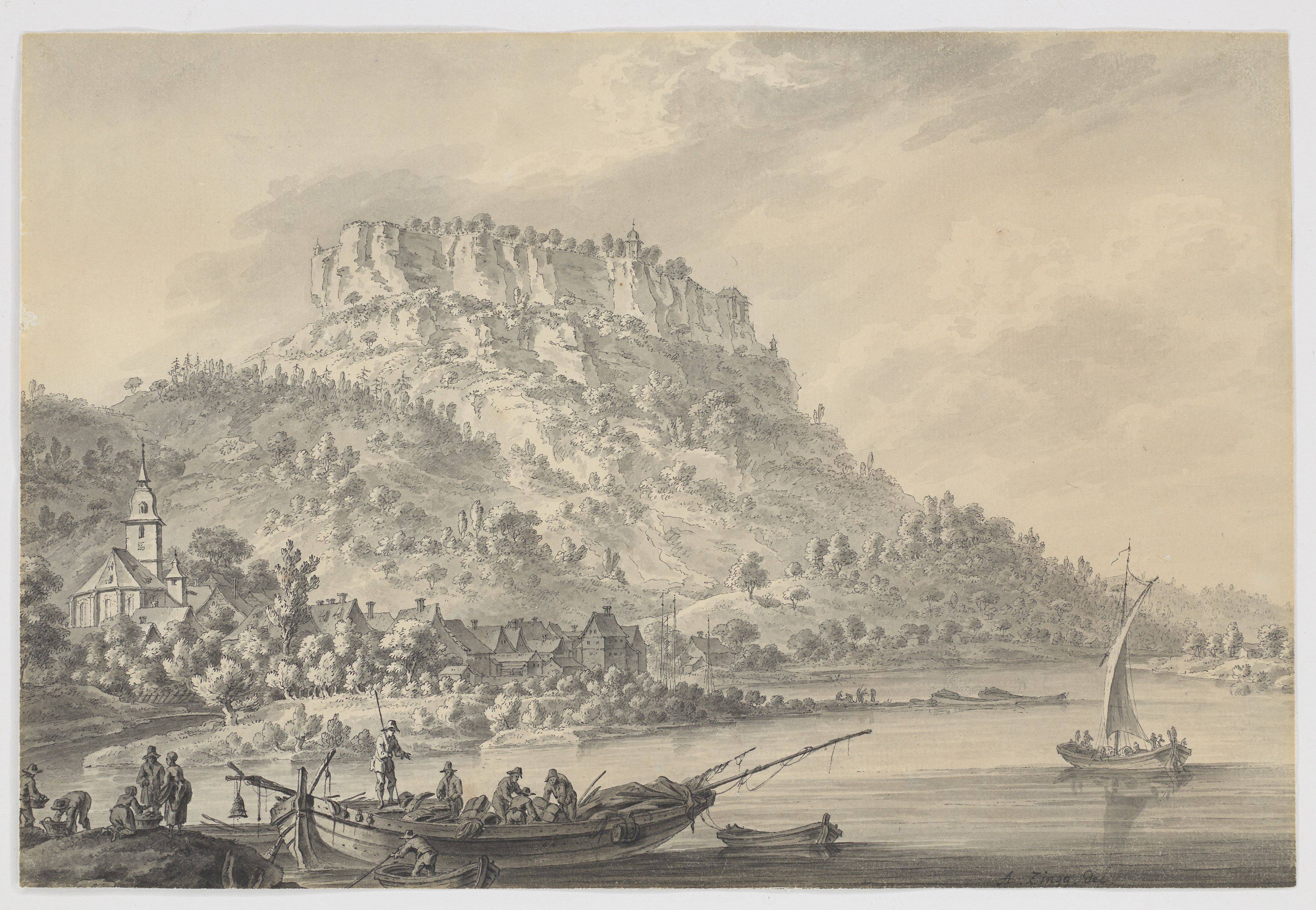 This picture shows the following artwork: Adrian Zingg. View of Lilienstein.