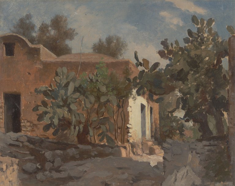 This picture shows the following artwork: German (?), circa 1850. Capri (nature study with house and cactus trees).