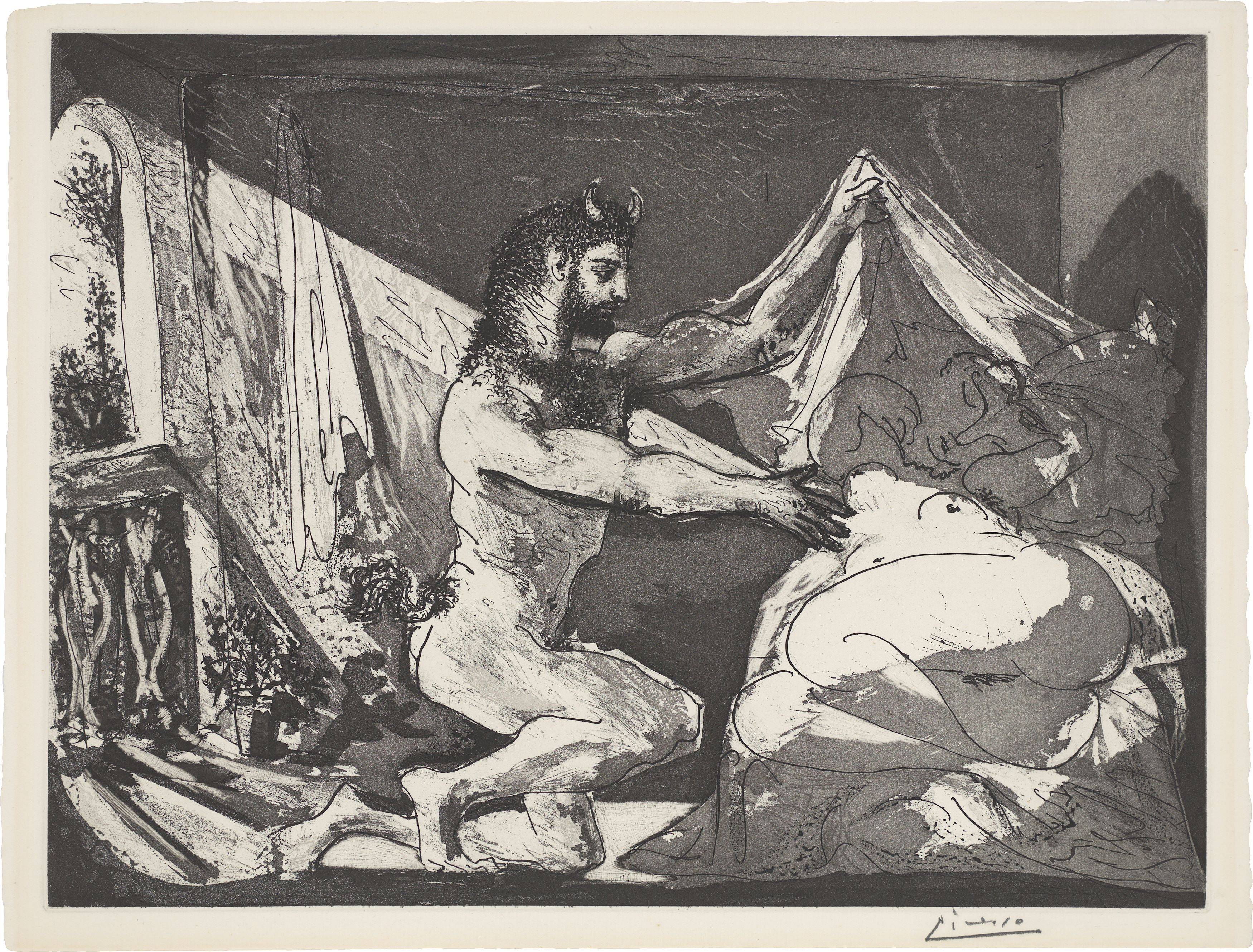 Auf diesem Bild ist das folgende Kunstwerk zu sehen: Pablo Picasso. „Faune dévoilant une dormeuse“. 1936.