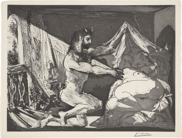 Auf diesem Bild ist das folgende Kunstwerk zu sehen: Pablo Picasso. „Faune dévoilant une dormeuse“. 1936.