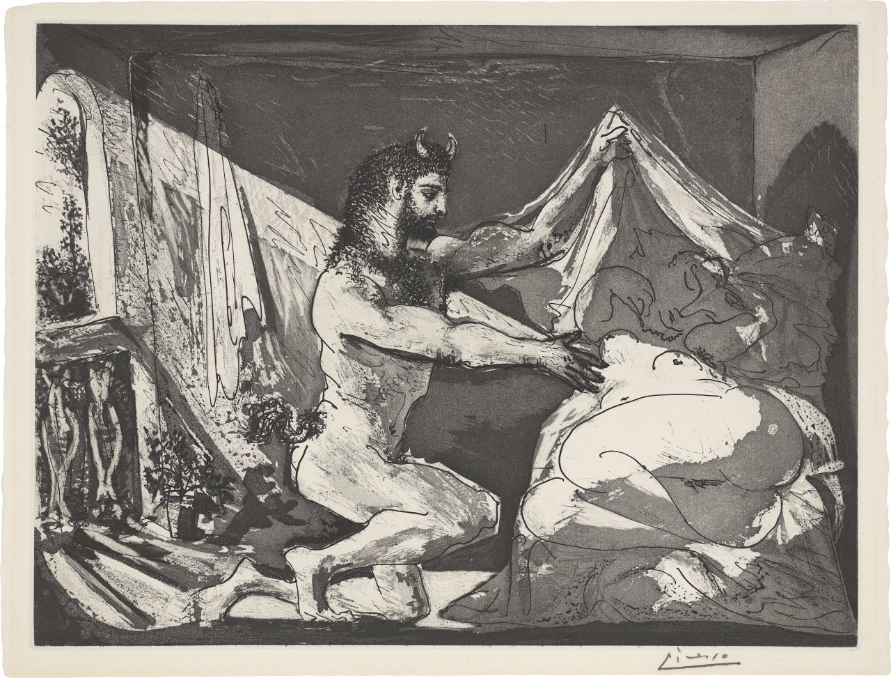 Auf diesem Bild ist das folgende Kunstwerk zu sehen: Pablo Picasso. „Faune dévoilant une dormeuse“. 1936.