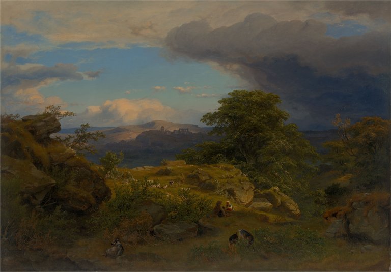 This picture shows the following artwork: Cäsar Metz. Large Rhine landscape with a view of the Rheinfels fortress and St. Goar. 1844.