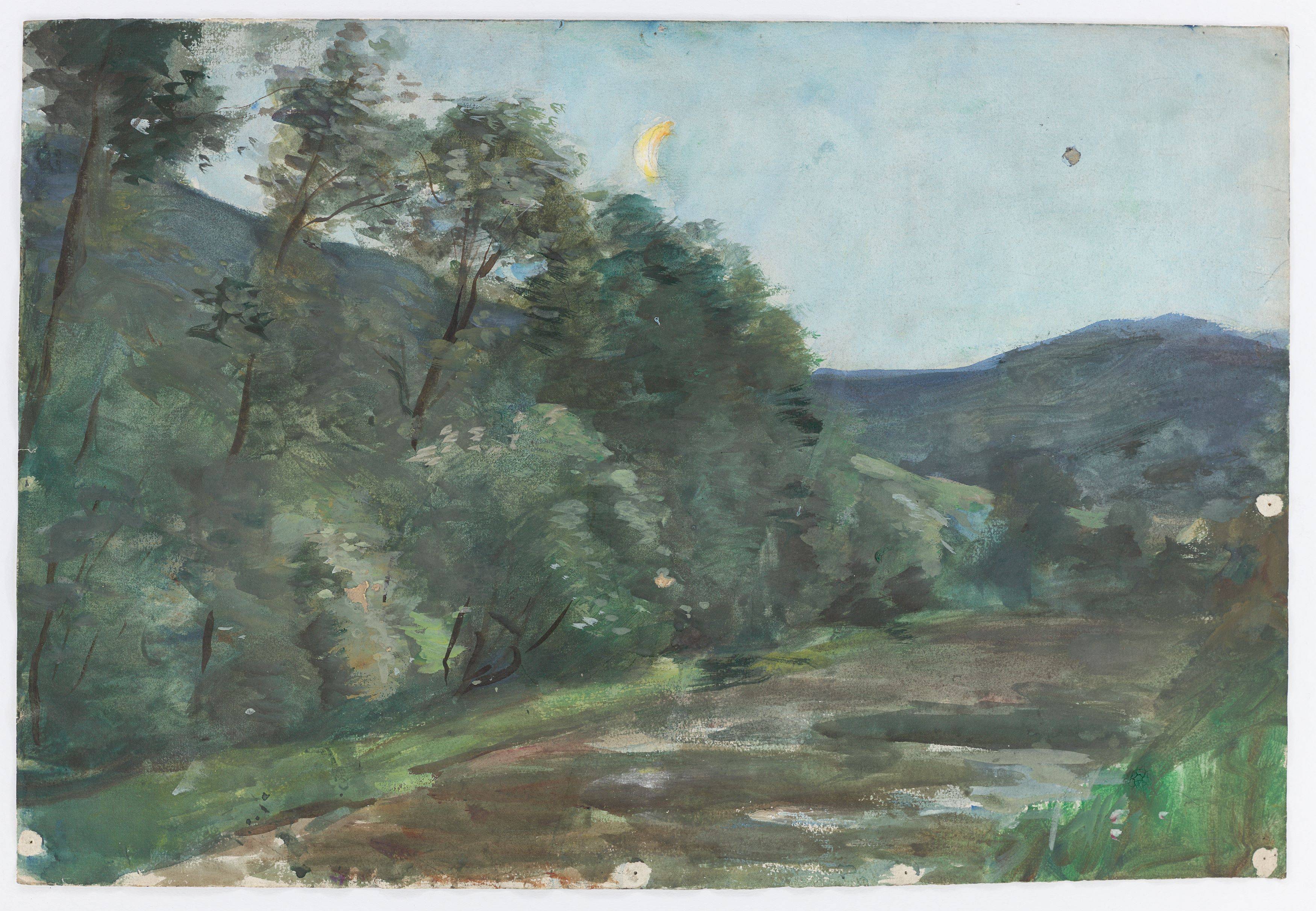 This picture shows the following artwork: Lesser Ury. ”Thüringer Landschaft bei aufgehendem Mond (Studie)”. Circa 1895/1900.