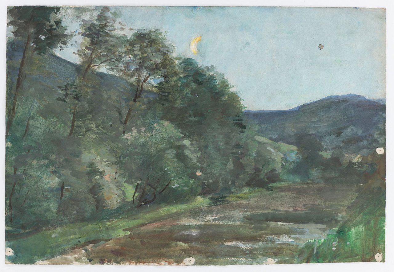 This picture shows the following artwork: Lesser Ury. ”Thüringer Landschaft bei aufgehendem Mond (Studie)”. Circa 1895/1900.