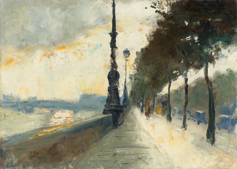 This picture shows the following artwork: Lesser Ury. ”Waterloo-Bridge bei durchbrechender Sonne (Victoria Embankment), London”. 1926.