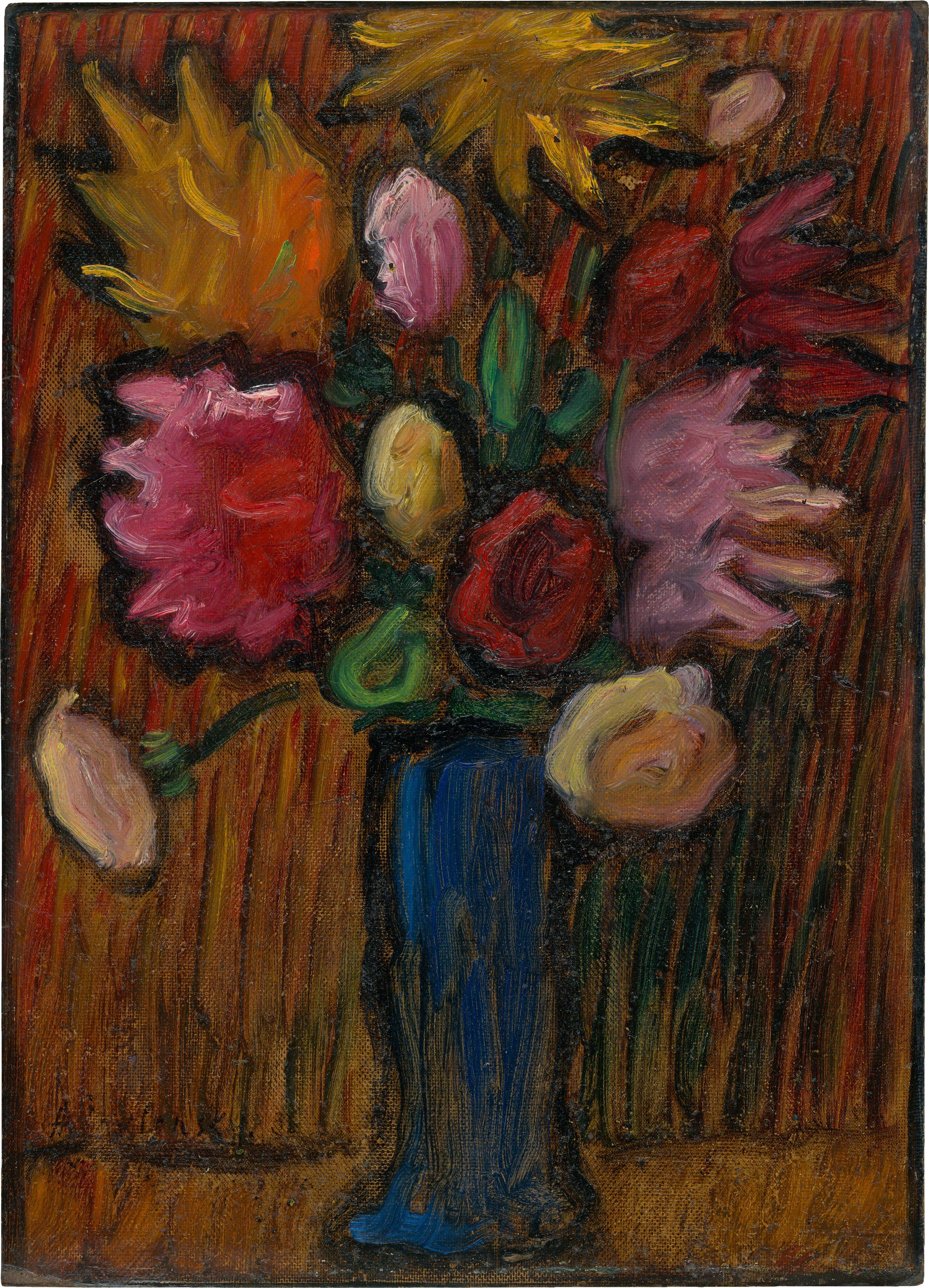 Auf diesem Bild ist das folgende Kunstwerk zu sehen: Alexej von Jawlensky. „Blumen in blauer Vase (Rosenstrauss)“. 1936.