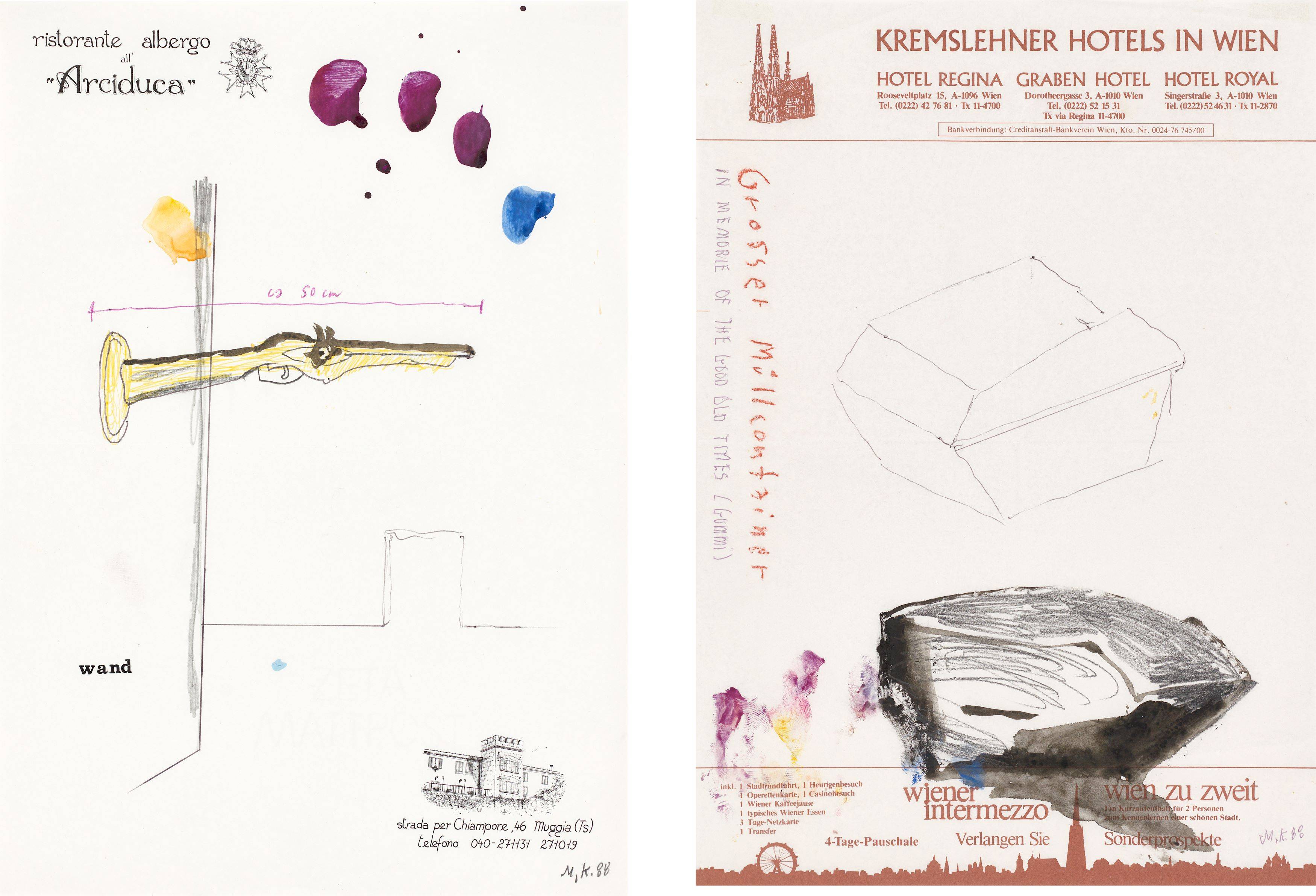 This picture shows the following artwork: Martin Kippenberger. Untitled (Kremslehner Hotels in Vienna / Ristorante Albergo all'Arciduca, Trieste). 1988.