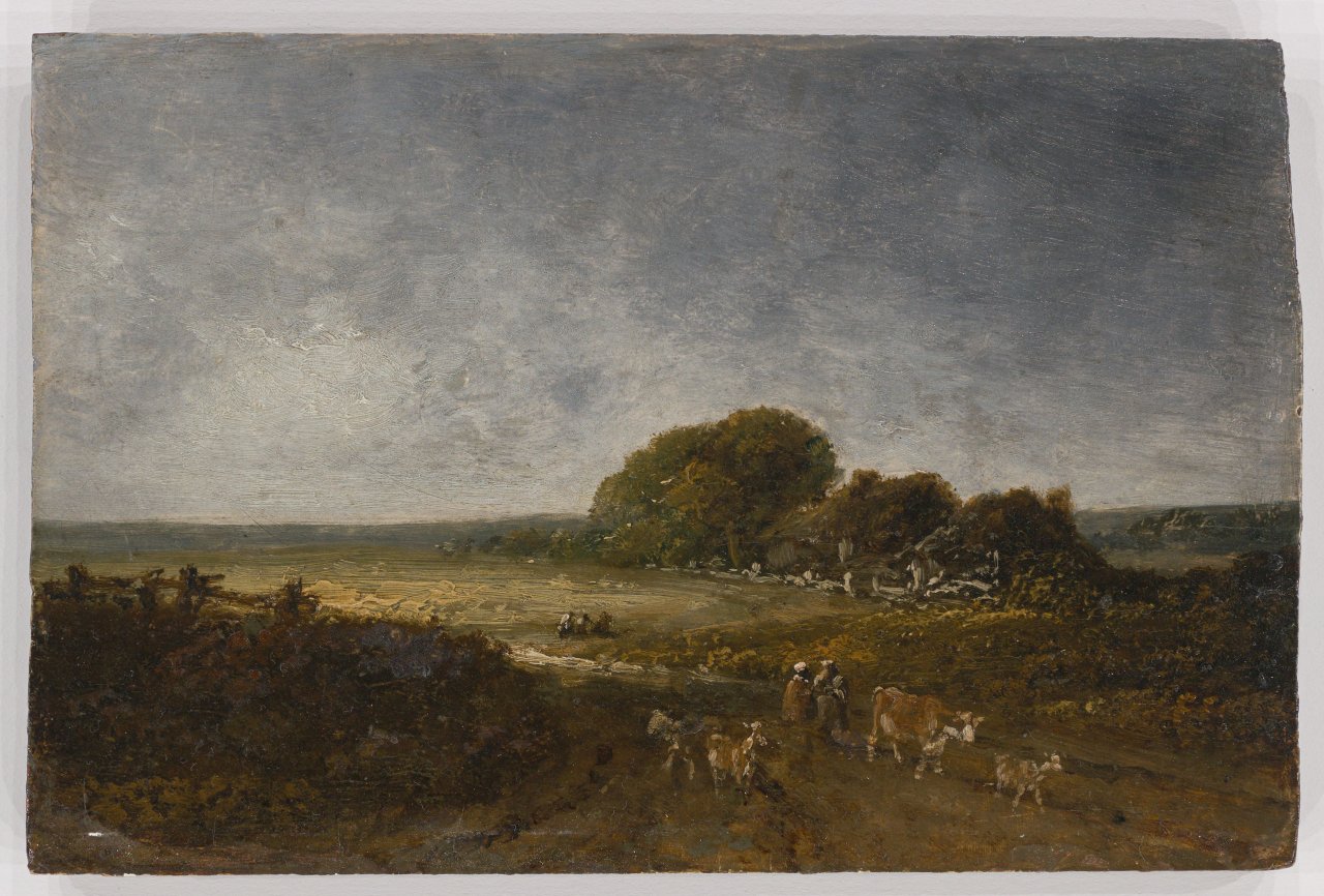 Auf diesem Bild ist das folgende Kunstwerk zu sehen: Georges Michel. Weite Landschaft mit Kuhherde.