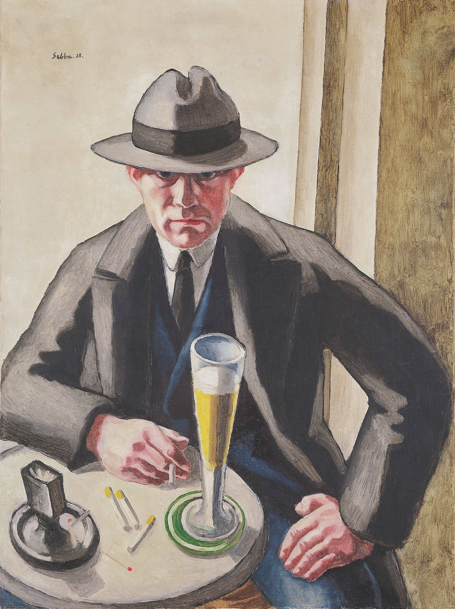 Auf diesem Bild ist das folgende Kunstwerk zu sehen: Siegfried Shalom Sebba. Selbstporträt mit Bierglas. 1928.