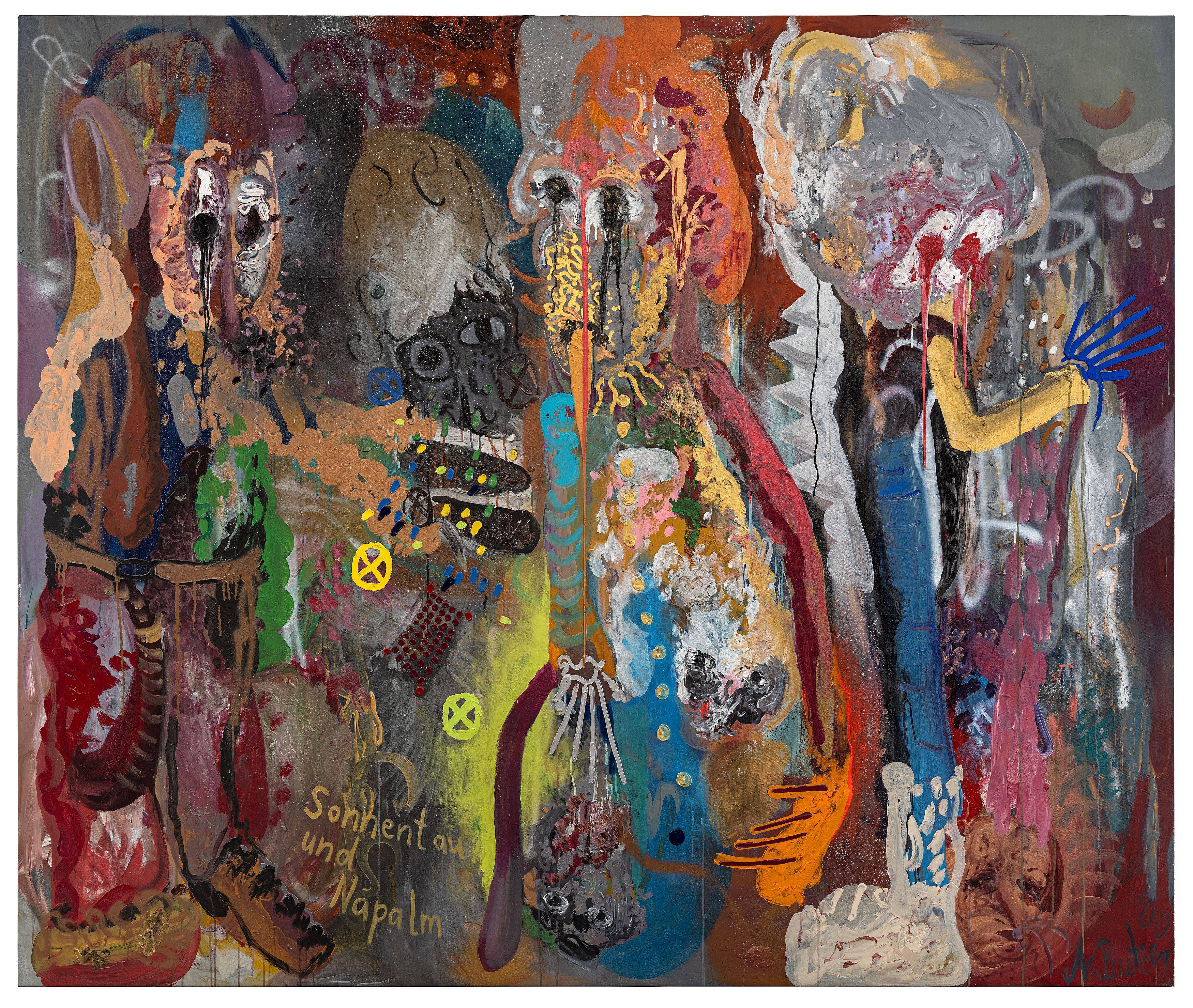 Auf diesem Bild ist das folgende Kunstwerk zu sehen: André Butzer. „Sonnentau und Napalm (VERSPERRT NICHT DIE PFADE DER FEEN!)“. 2000.