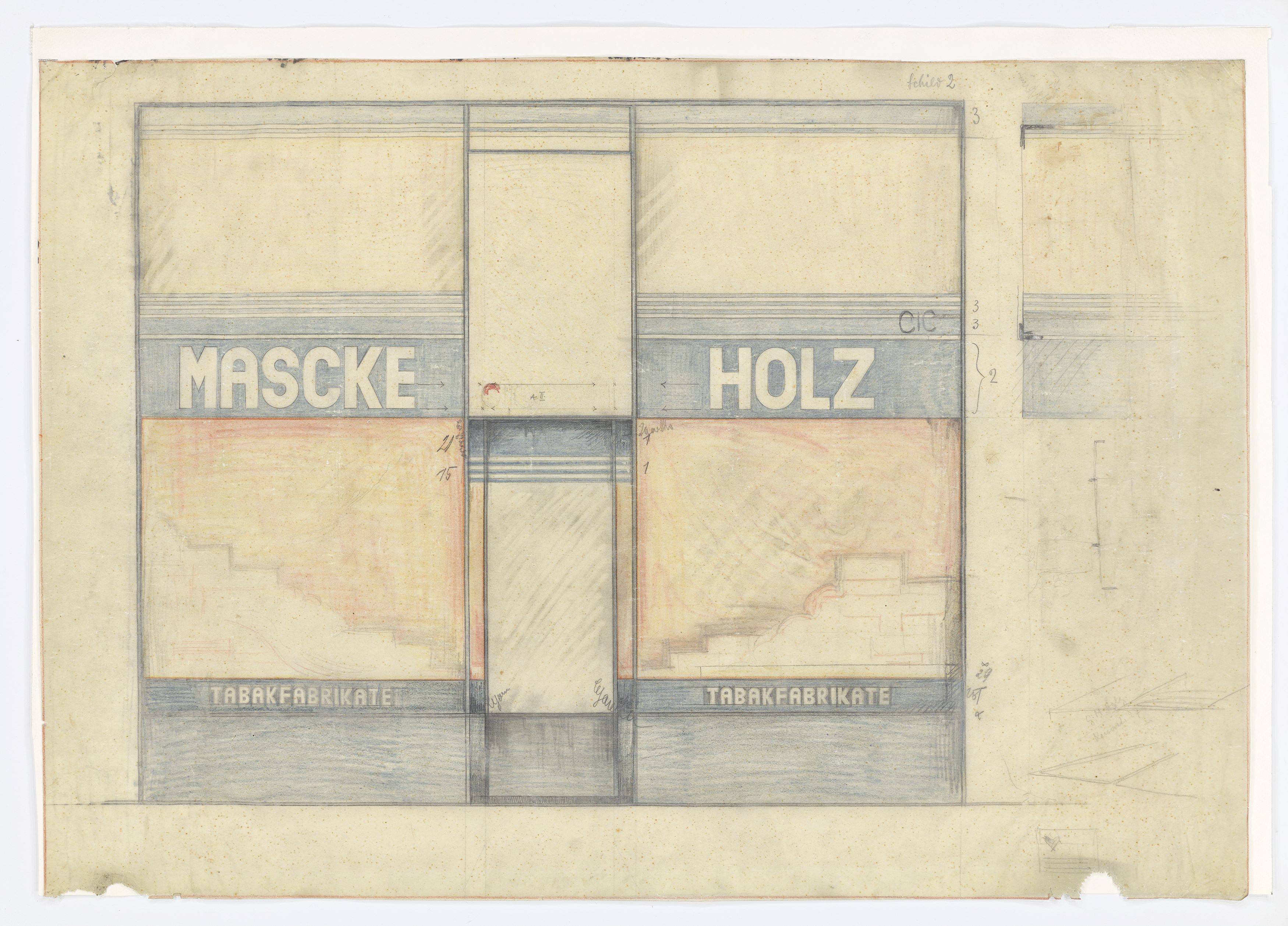 This picture shows the following artwork: Robert Michel. Facade draft (Maschke Holz). 1927.