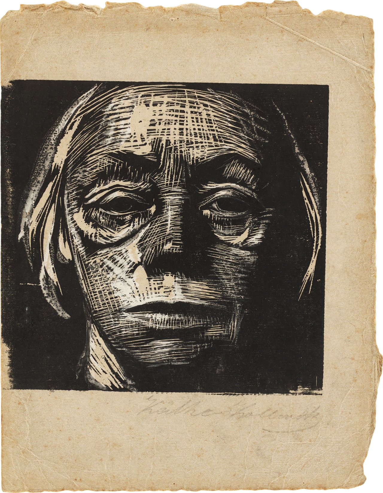 Auf diesem Bild ist das folgende Kunstwerk zu sehen: Käthe Kollwitz. „Selbstbildnis von vorn“. 1922/23.