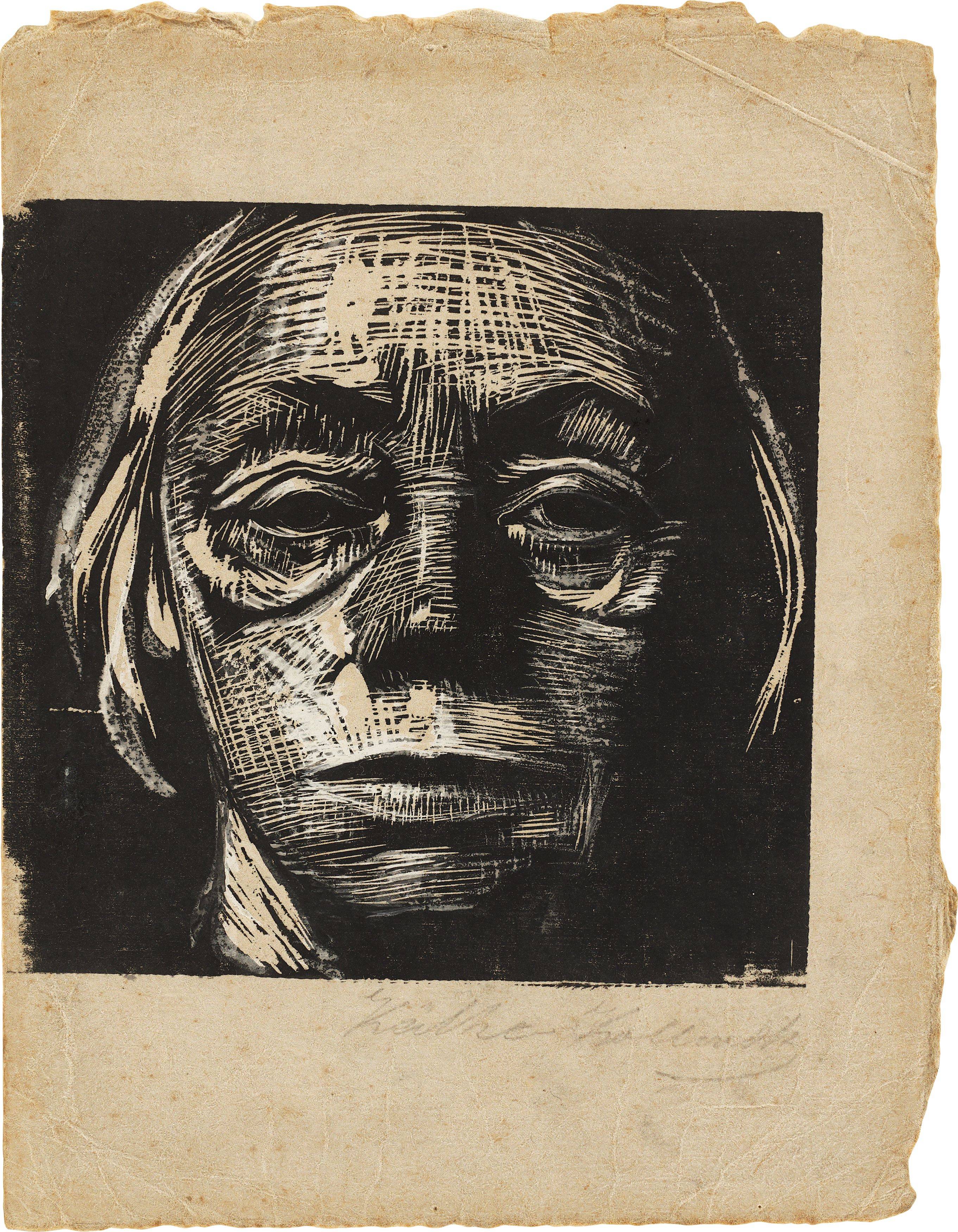 Auf diesem Bild ist das folgende Kunstwerk zu sehen: Käthe Kollwitz. „Selbstbildnis von vorn“. 1922/23.