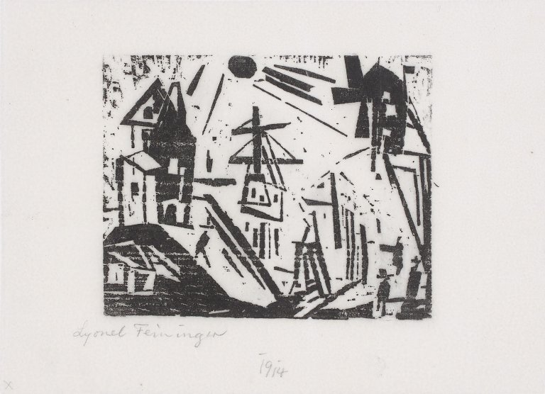 Auf diesem Bild ist das folgende Kunstwerk zu sehen: Lyonel Feininger. „Hafen mit Leuchtturm, Sonne und Mühle“. 1919.